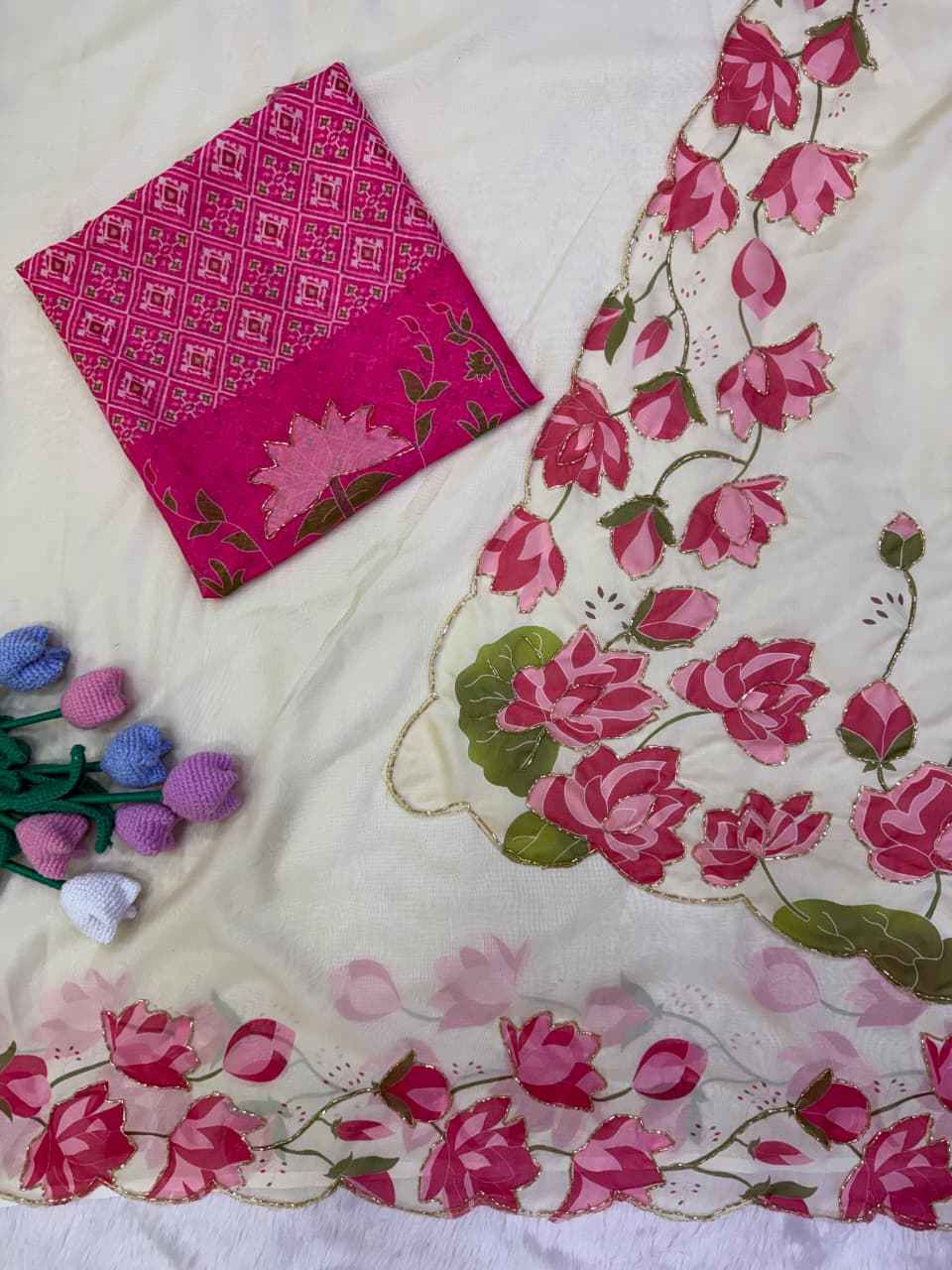 SOFT TEBBY SILK FLORAL PRINT KATDANA HANDWORK SAREE