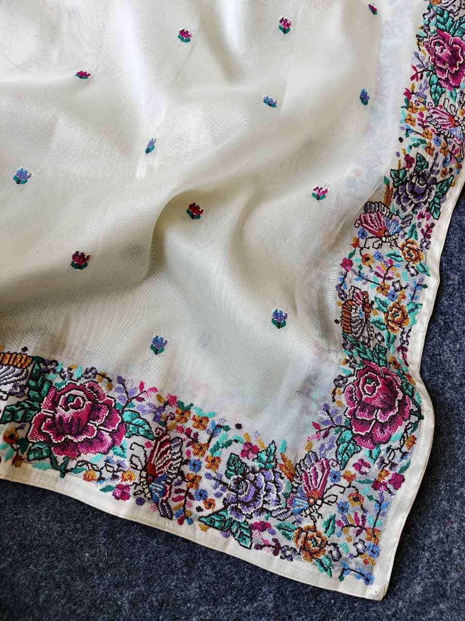 PURE TISSUE VISCOSE SILK FLOWER EMBROIDORY WORK SAREE