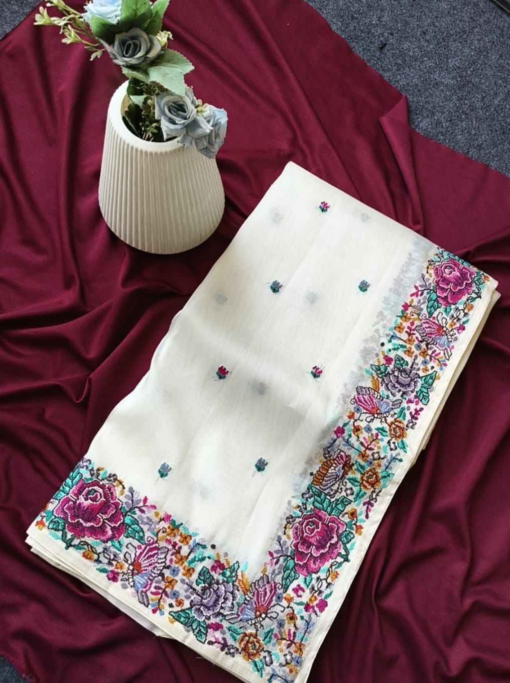 PURE TISSUE VISCOSE SILK FLOWER EMBROIDORY WORK SAREE