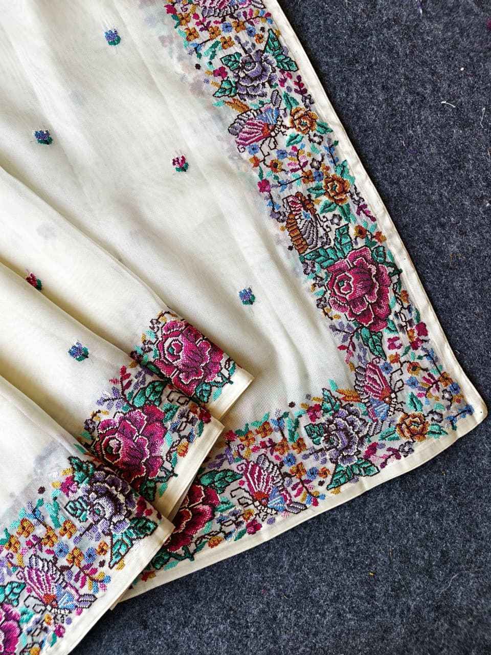 PURE TISSUE VISCOSE SILK FLOWER EMBROIDORY WORK SAREE