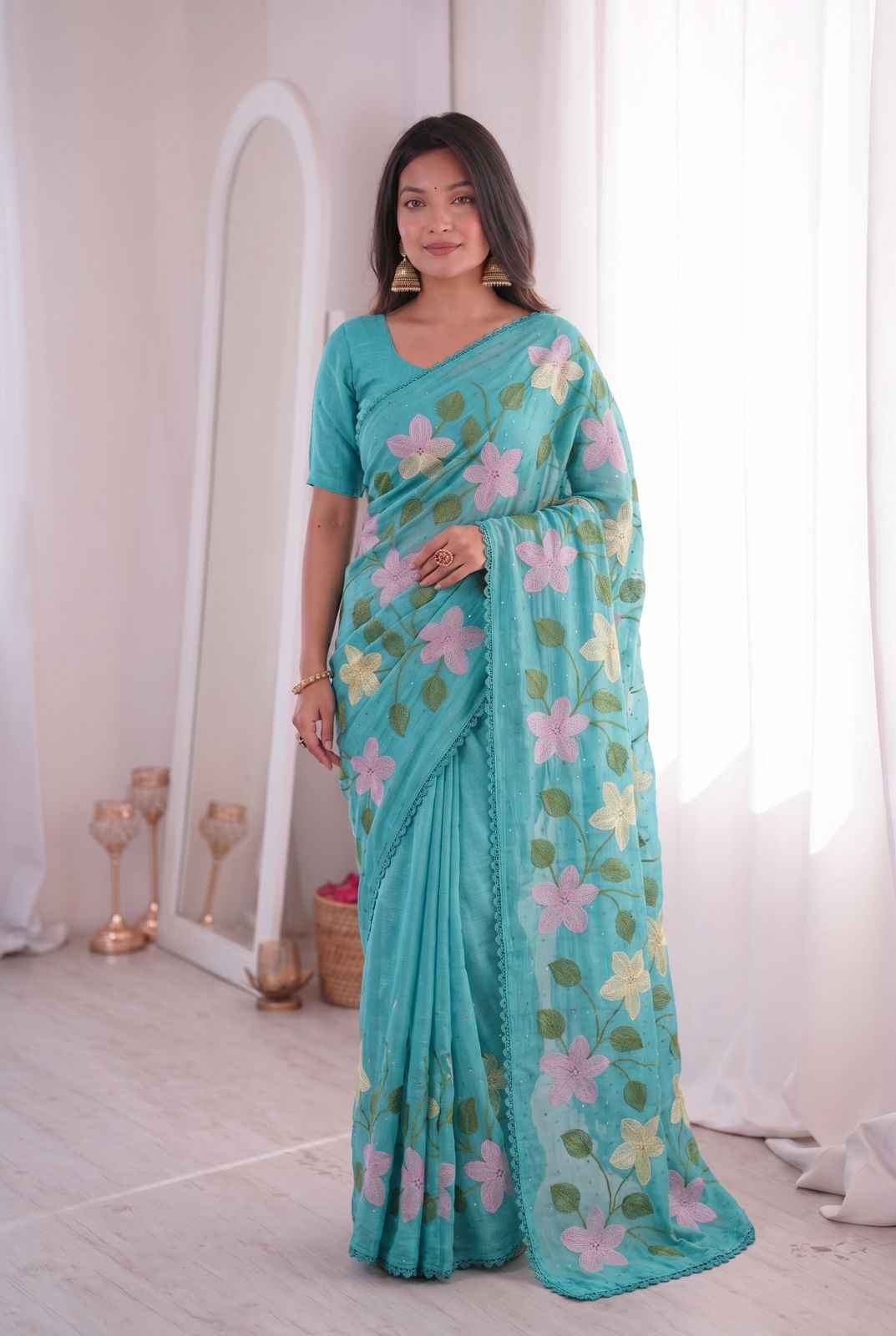 VISCOS CRUNCHY SILK FLORAL EMBROIDERY THREAD WORK SAREE