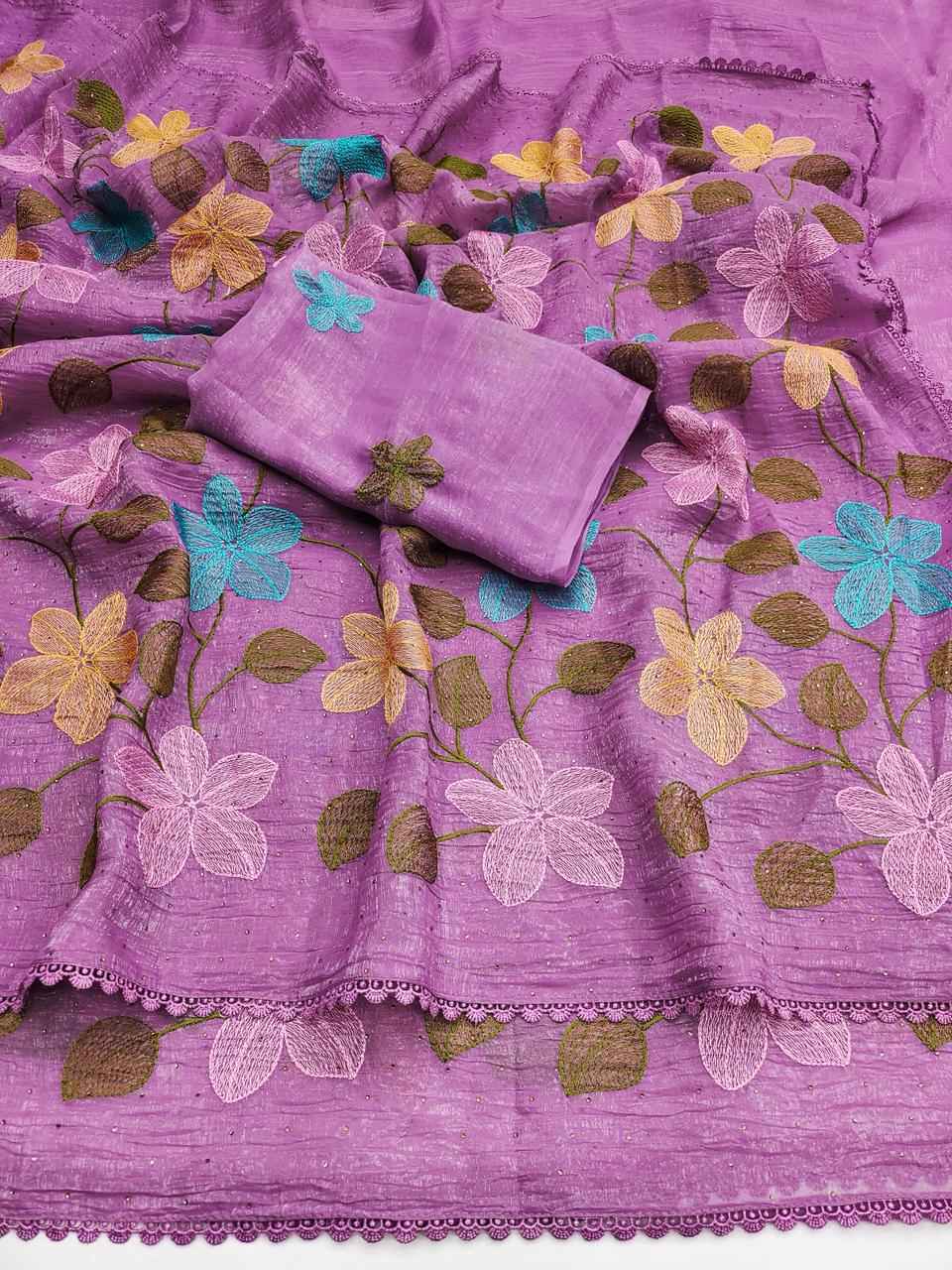 VISCOS CRUNCHY SILK FLORAL EMBROIDERY THREAD WORK SAREE