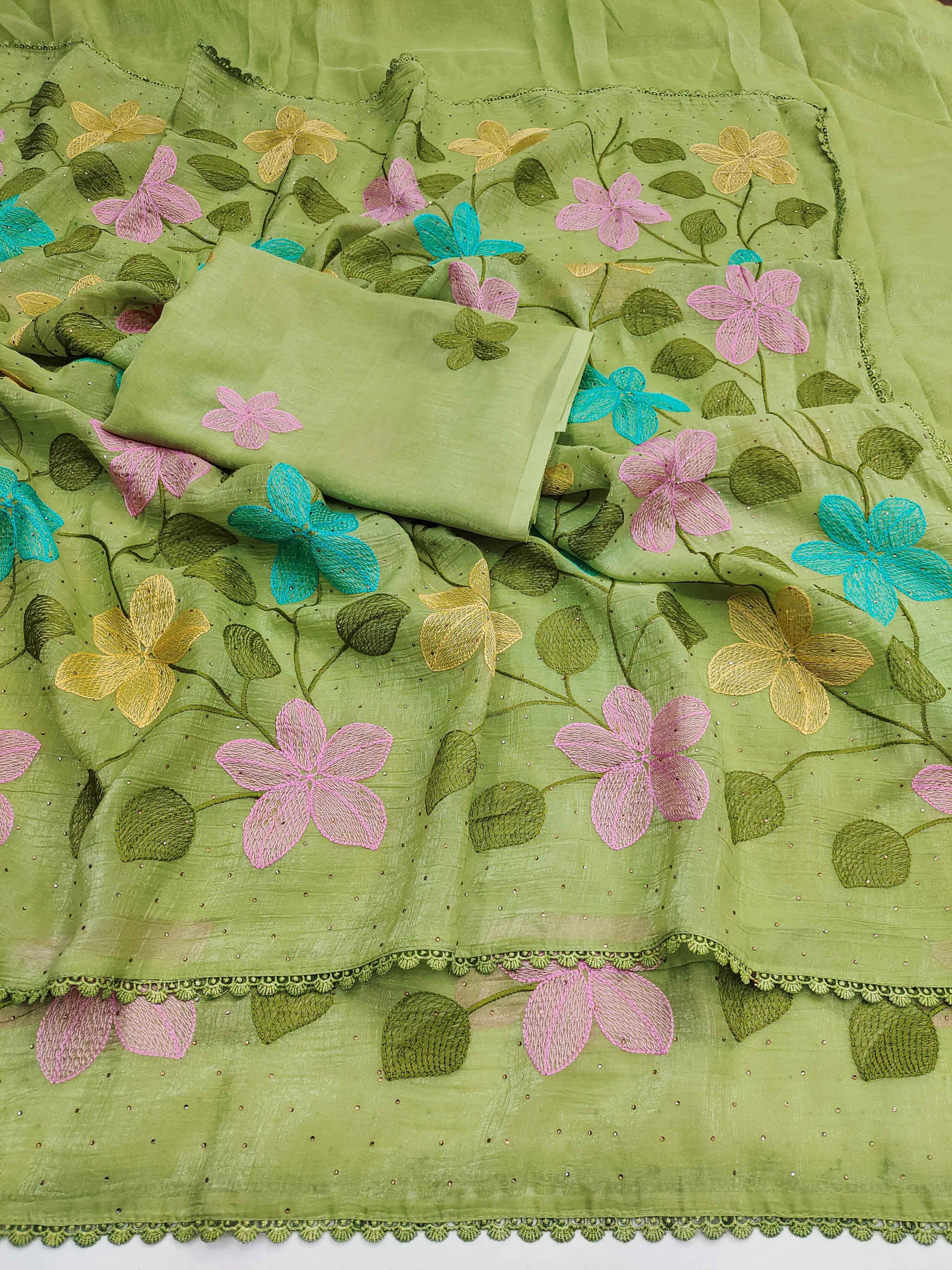 VISCOS CRUNCHY SILK FLORAL EMBROIDERY THREAD WORK SAREE