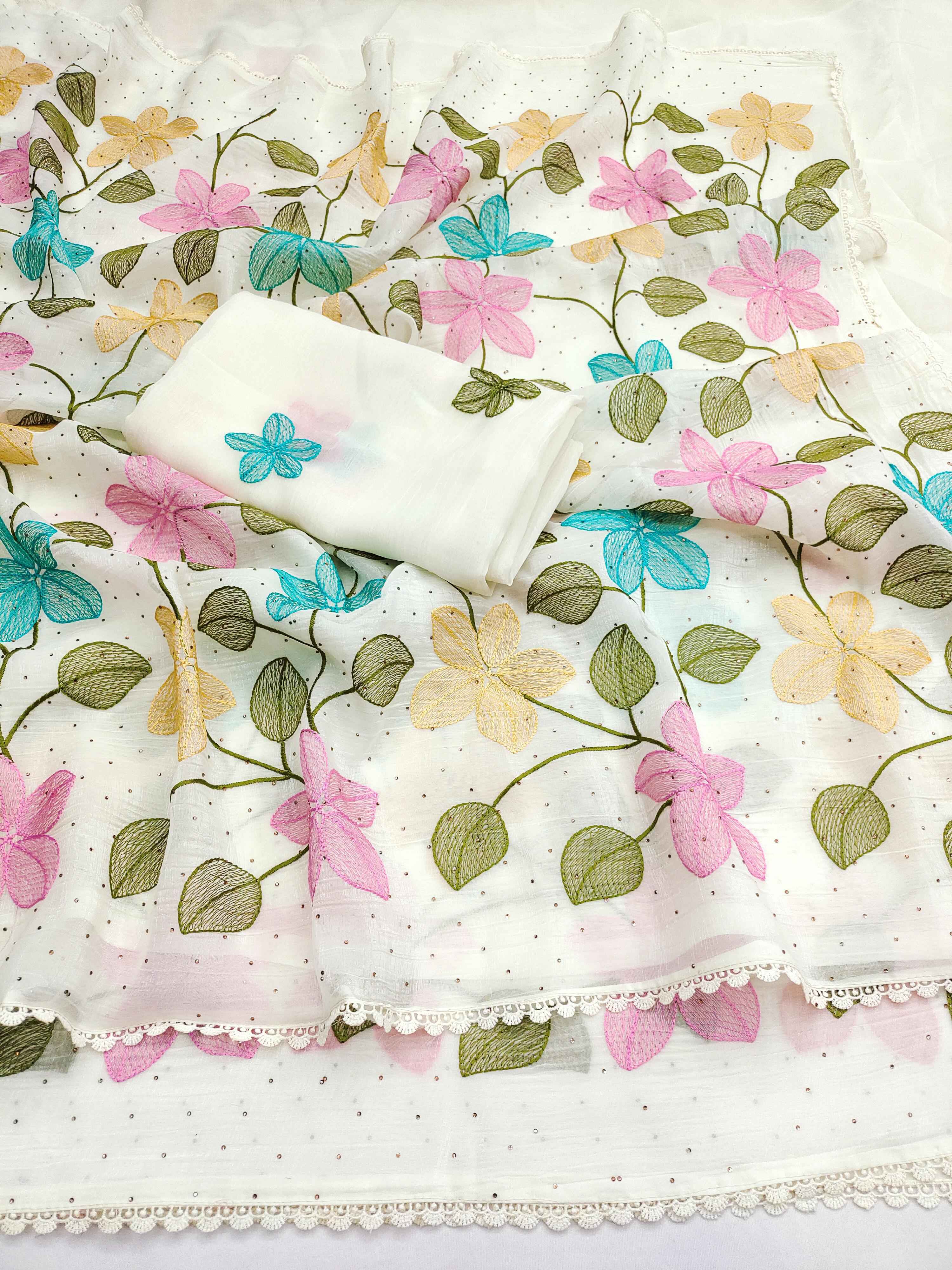 VISCOS CRUNCHY SILK FLORAL EMBROIDERY THREAD WORK SAREE