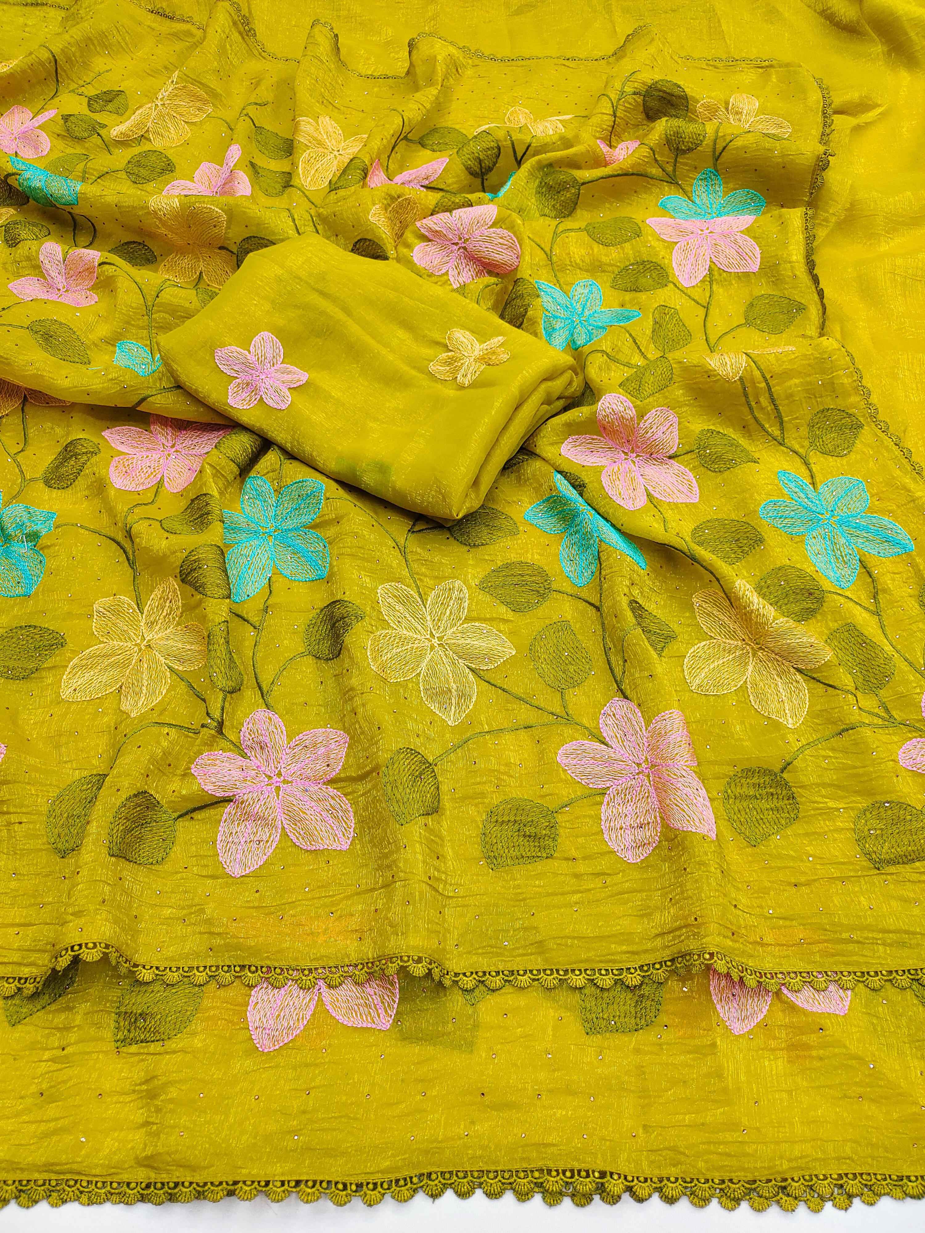 VISCOS CRUNCHY SILK FLORAL EMBROIDERY THREAD WORK SAREE