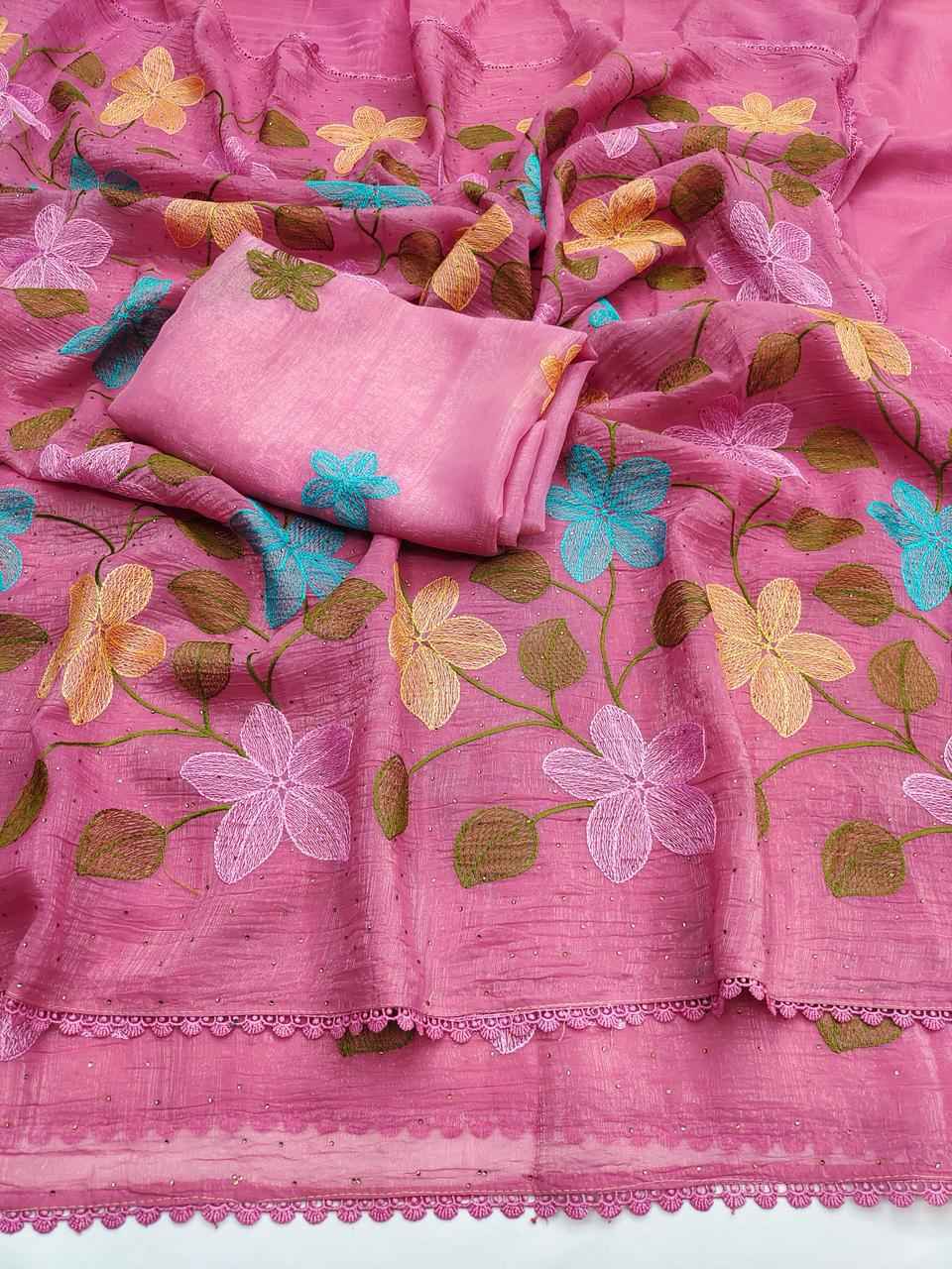 VISCOS CRUNCHY SILK FLORAL EMBROIDERY THREAD WORK SAREE