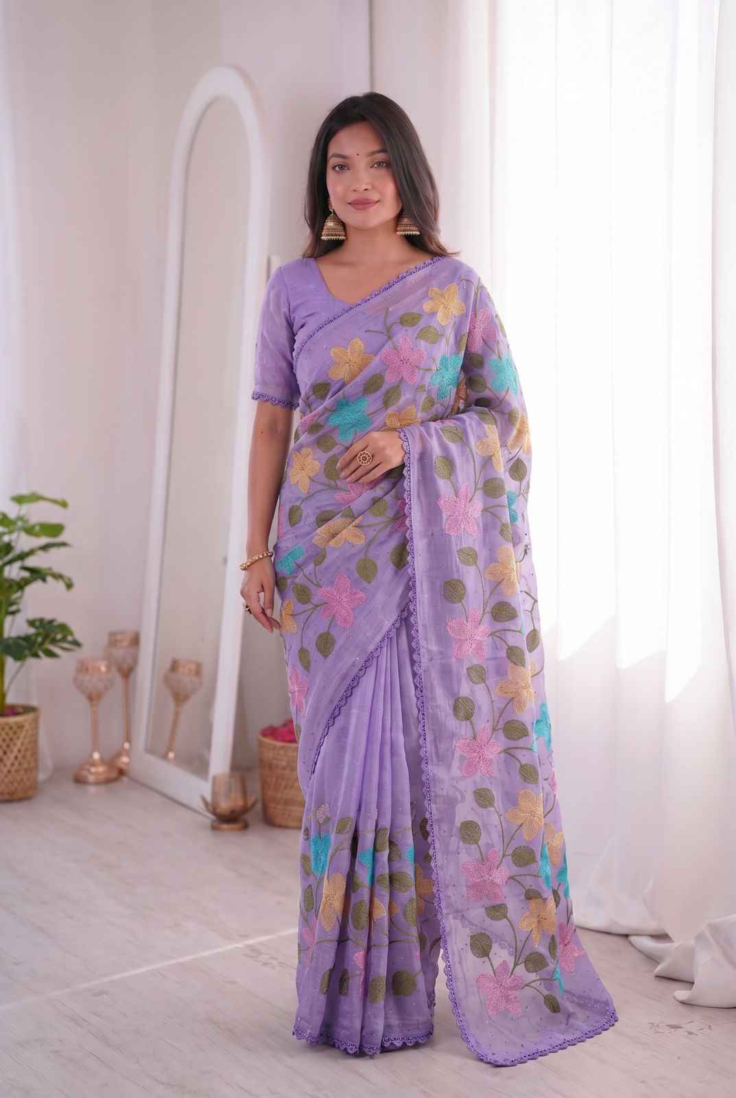 VISCOS CRUNCHY SILK FLORAL EMBROIDERY THREAD WORK SAREE