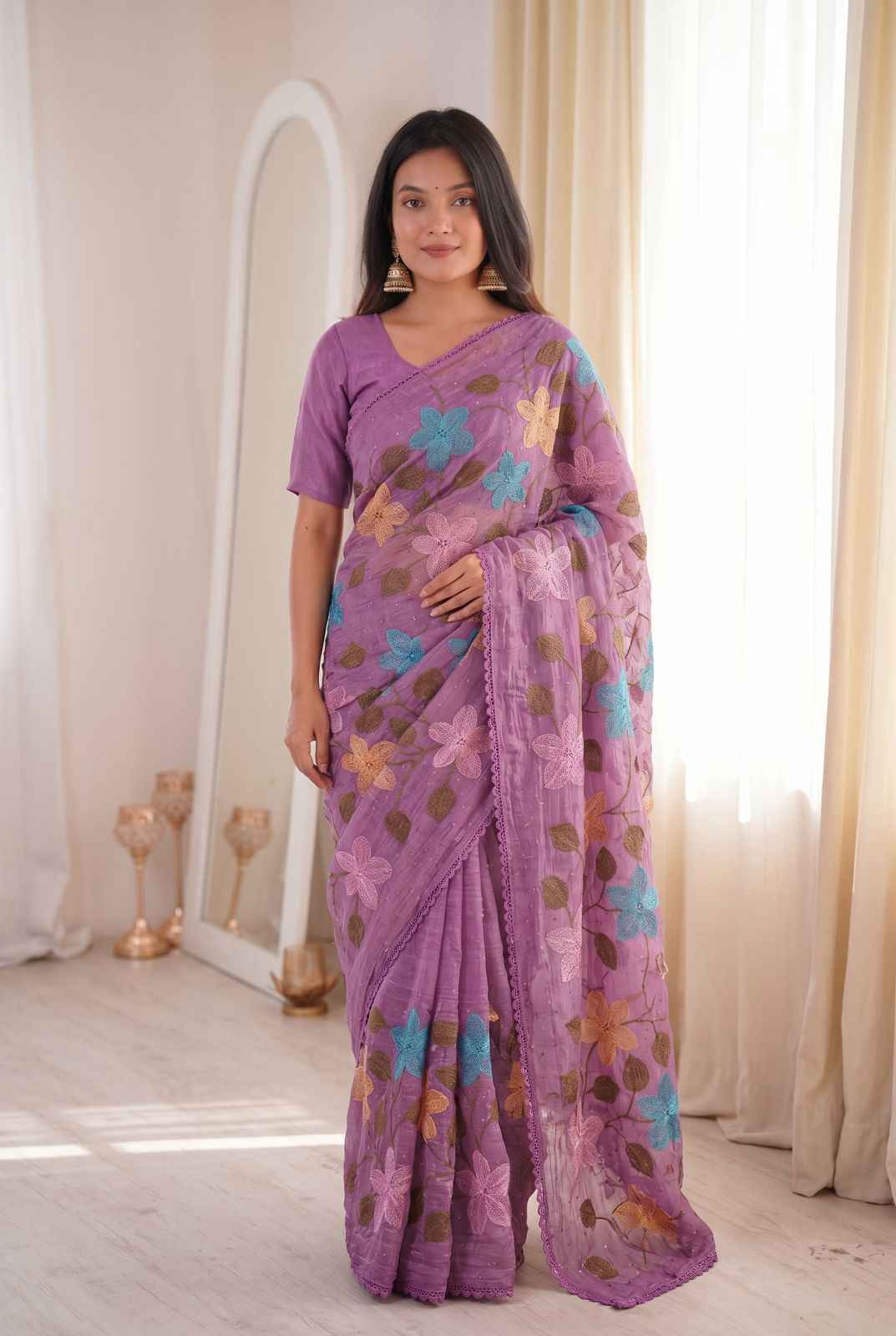 VISCOS CRUNCHY SILK FLORAL EMBROIDERY THREAD WORK SAREE