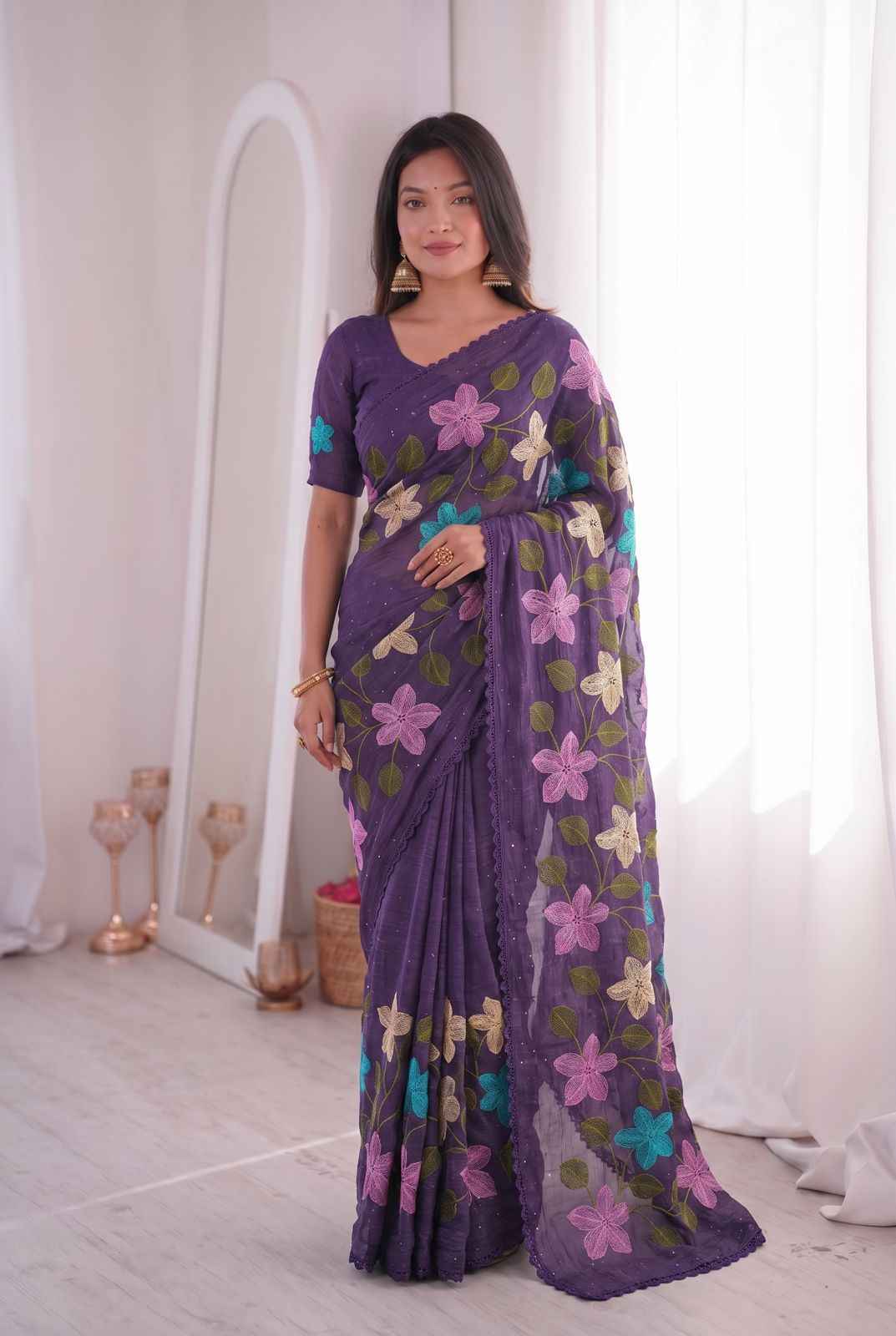 VISCOS CRUNCHY SILK FLORAL EMBROIDERY THREAD WORK SAREE
