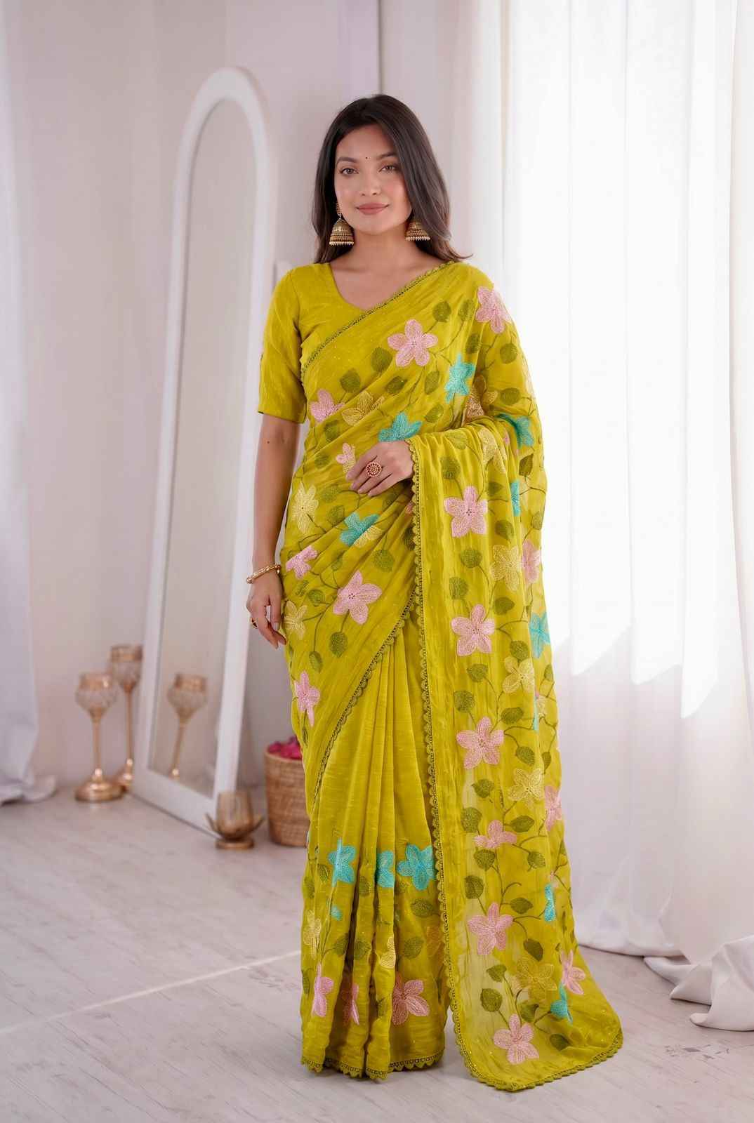 VISCOS CRUNCHY SILK FLORAL EMBROIDERY THREAD WORK SAREE