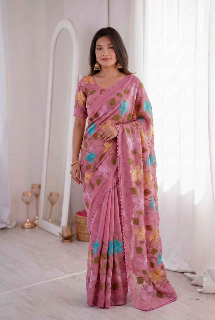 VISCOS CRUNCHY SILK FLORAL EMBROIDERY THREAD WORK SAREE