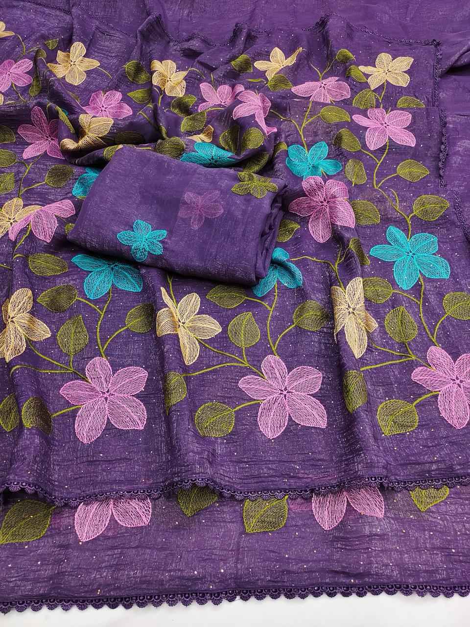 VISCOS CRUNCHY SILK FLORAL EMBROIDERY THREAD WORK SAREE