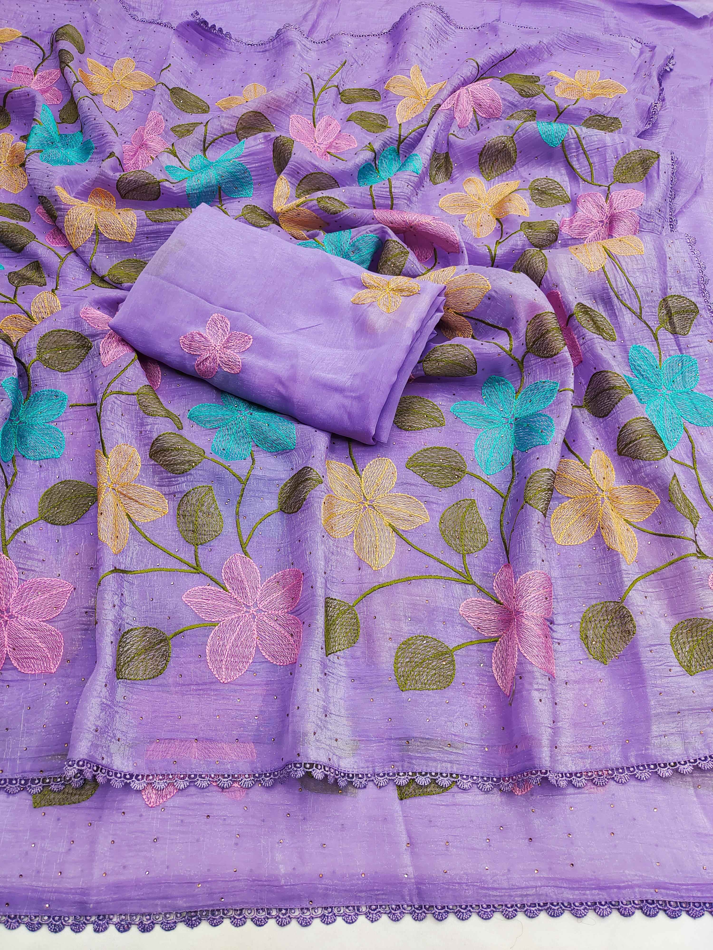 VISCOS CRUNCHY SILK FLORAL EMBROIDERY THREAD WORK SAREE