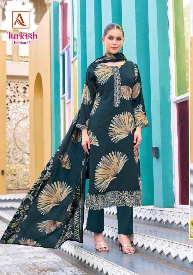 ALOK TURKISH VOL-14 PURE VISCOSE REYON PRINT EMBROIDERY WORK DRESS MATERIAL