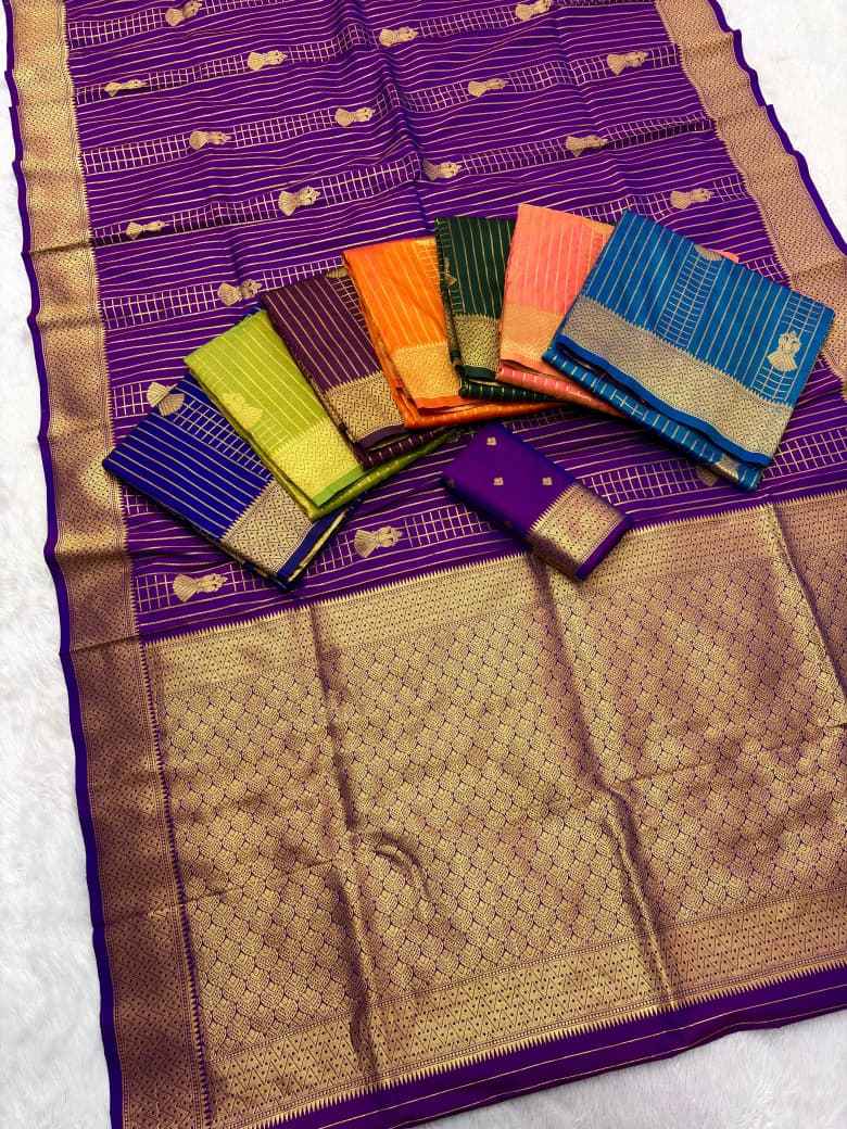 BANARASI SOFT SILK CHECKED FLORAL ZARI WEAVING SAREE