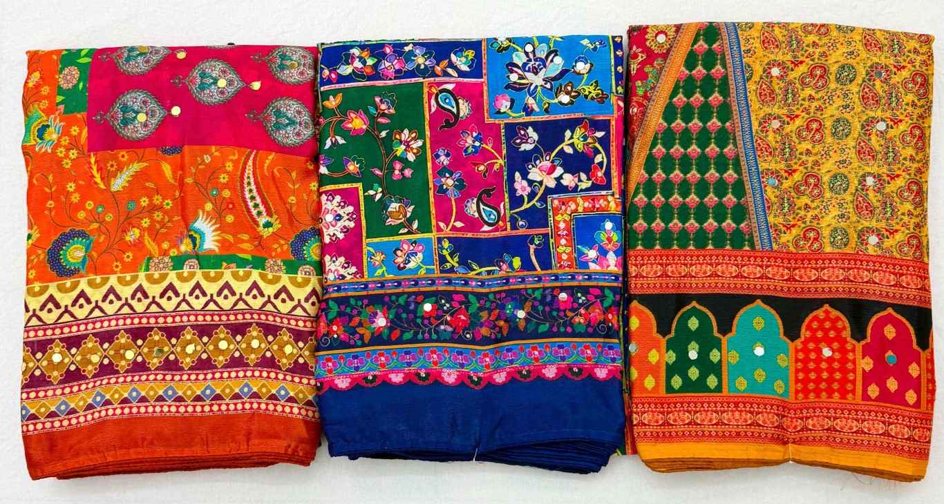 CHINNON SILK MIRROR WORK DIGITAL PRINT SAREE