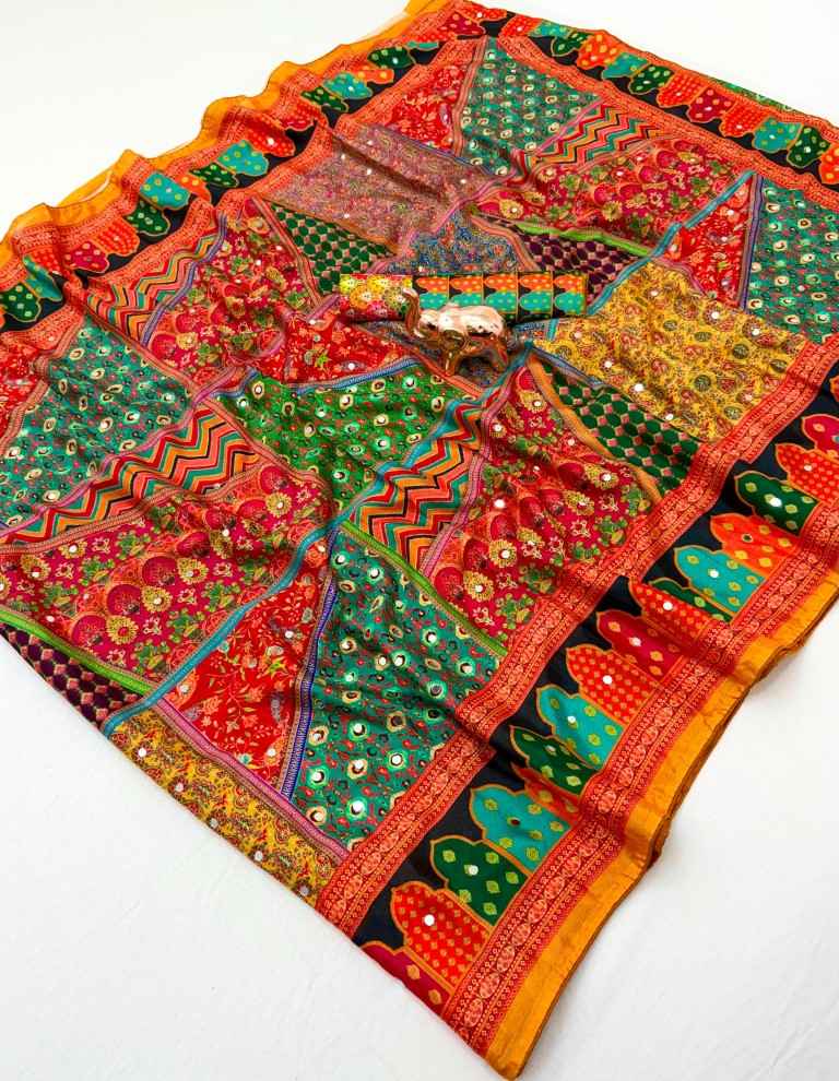 CHINNON SILK MIRROR WORK DIGITAL PRINT SAREE