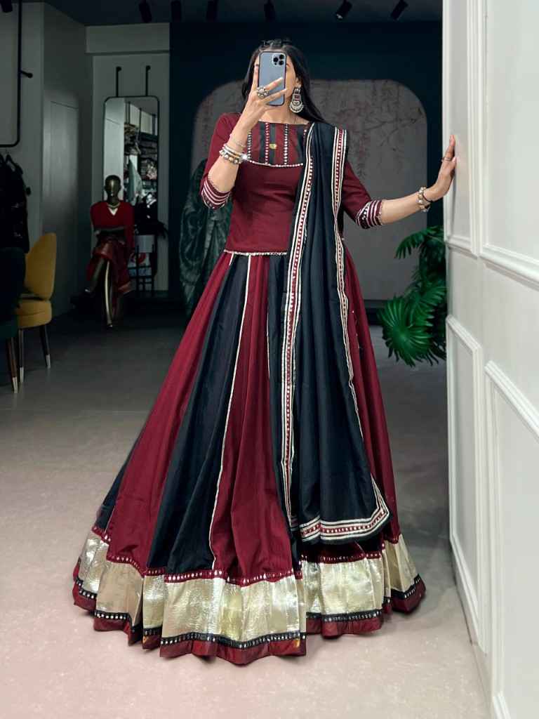 CHINON SILK REAL MIRROR WORK DESIGNER NAVRATRI LEHENGA CHOLI