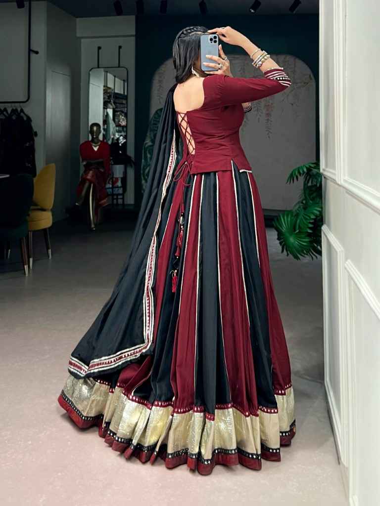 CHINON SILK REAL MIRROR WORK DESIGNER NAVRATRI LEHENGA CHOLI