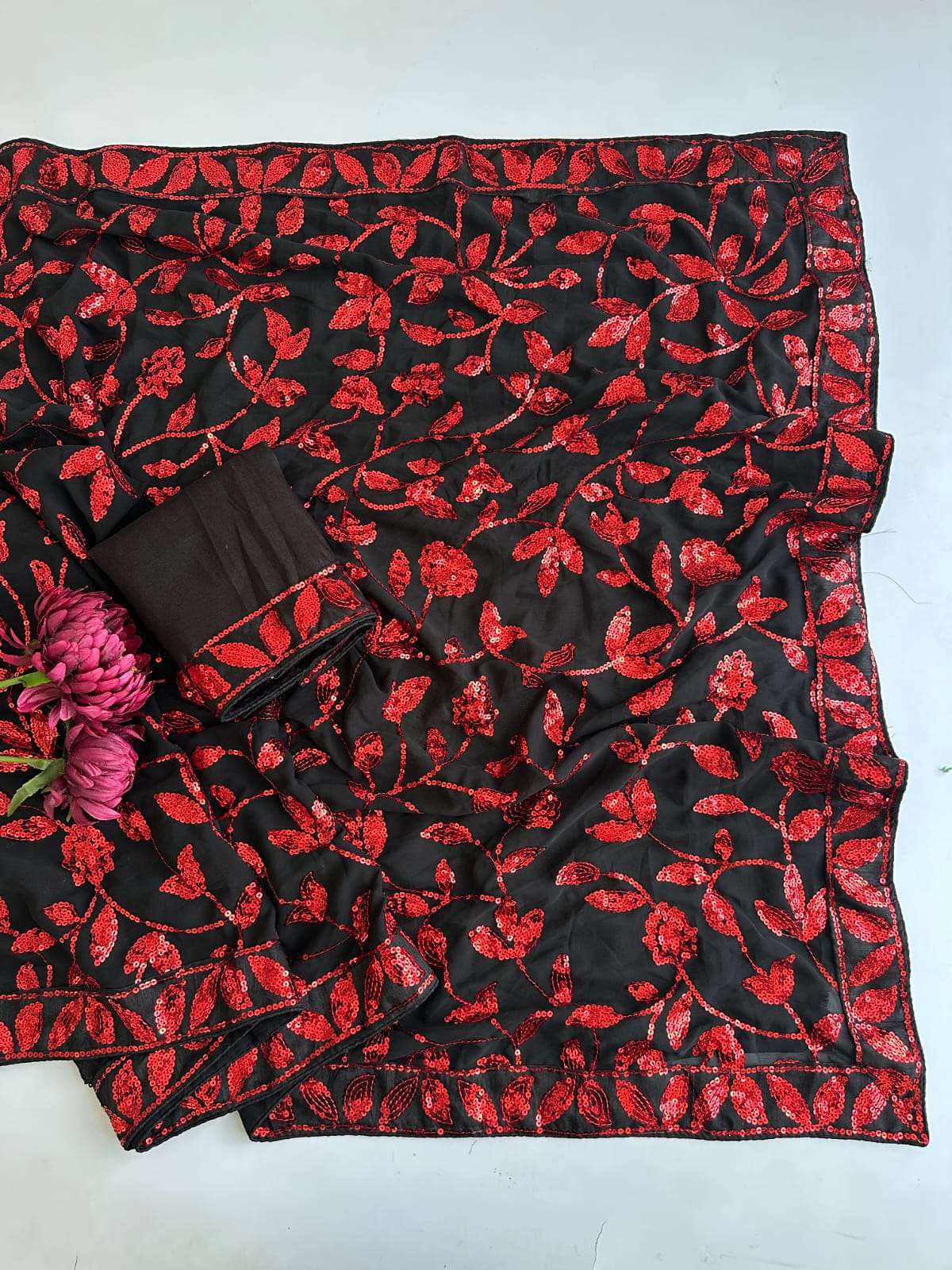 FAUX GEORGETTE ZAAL FLOWER SEQUENCE EMBROIDERY WORK SAREE