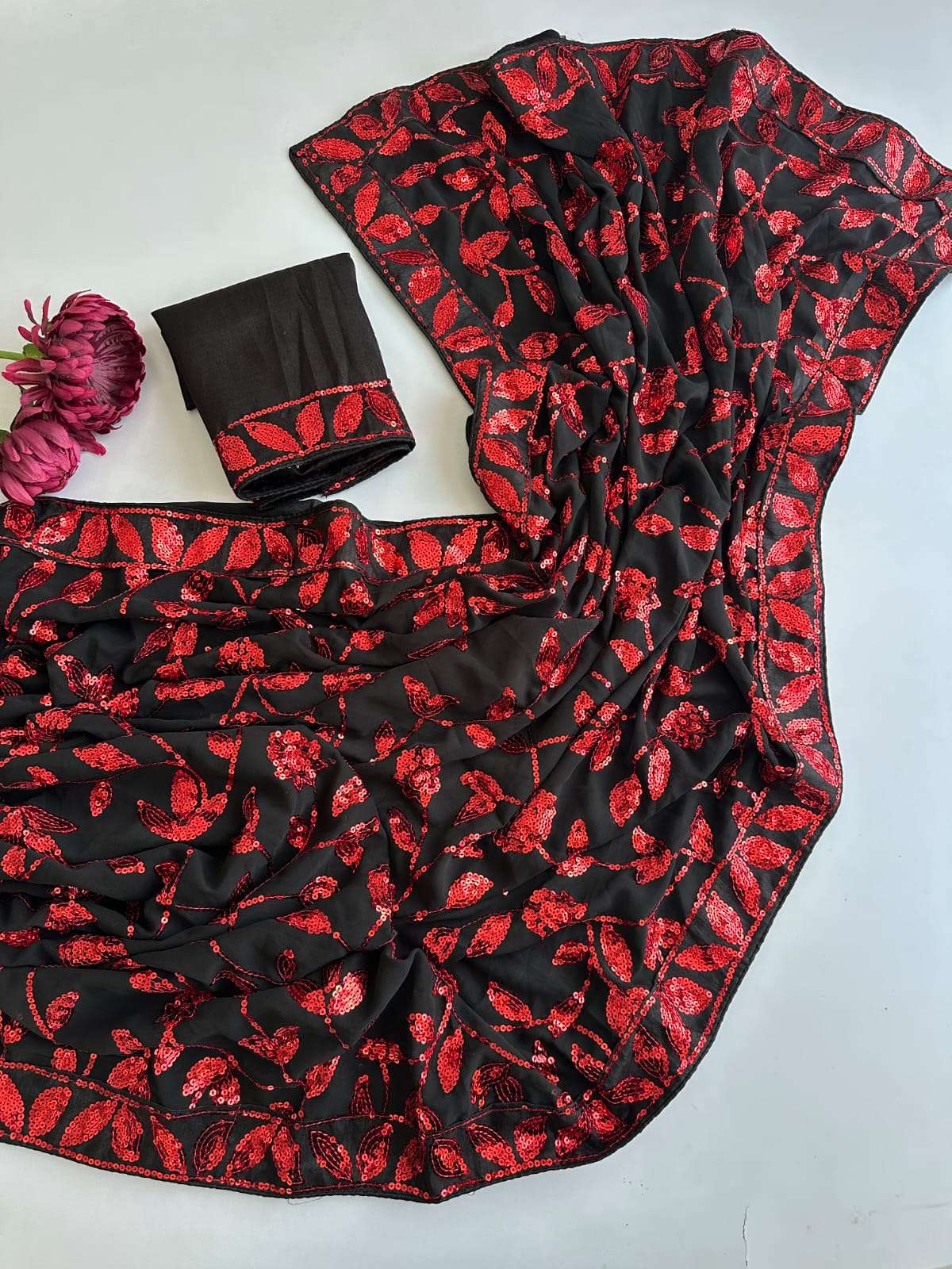 FAUX GEORGETTE ZAAL FLOWER SEQUENCE EMBROIDERY WORK SAREE