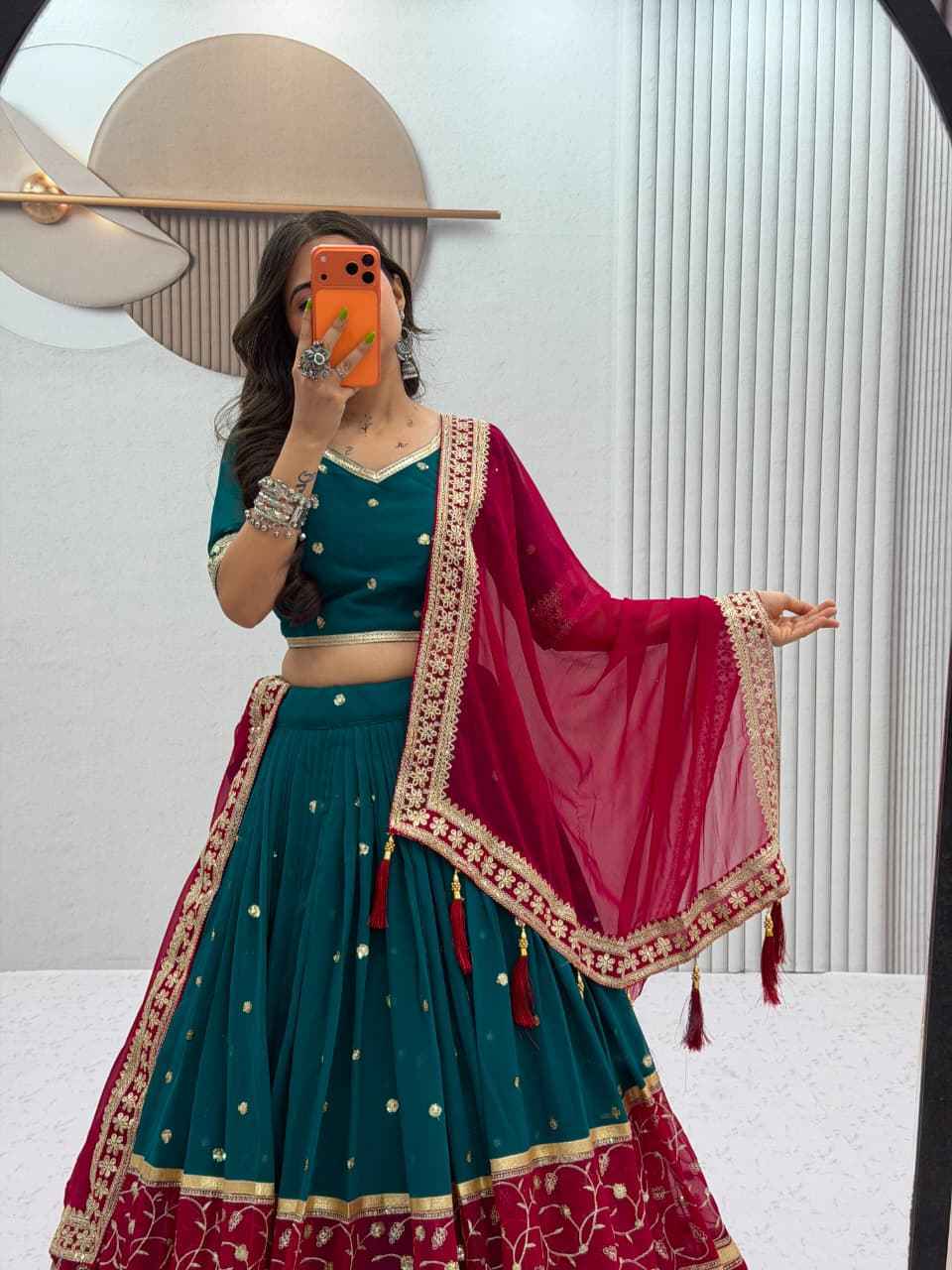 FOX GEORGETTE HEAVY EMBROIDERY THREAD & SEQUENCE WORK NAVRATRI LEHENGA CHOLI 