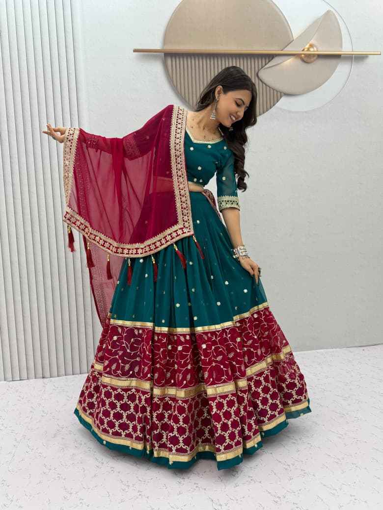 FOX GEORGETTE HEAVY EMBROIDERY THREAD & SEQUENCE WORK NAVRATRI LEHENGA CHOLI 