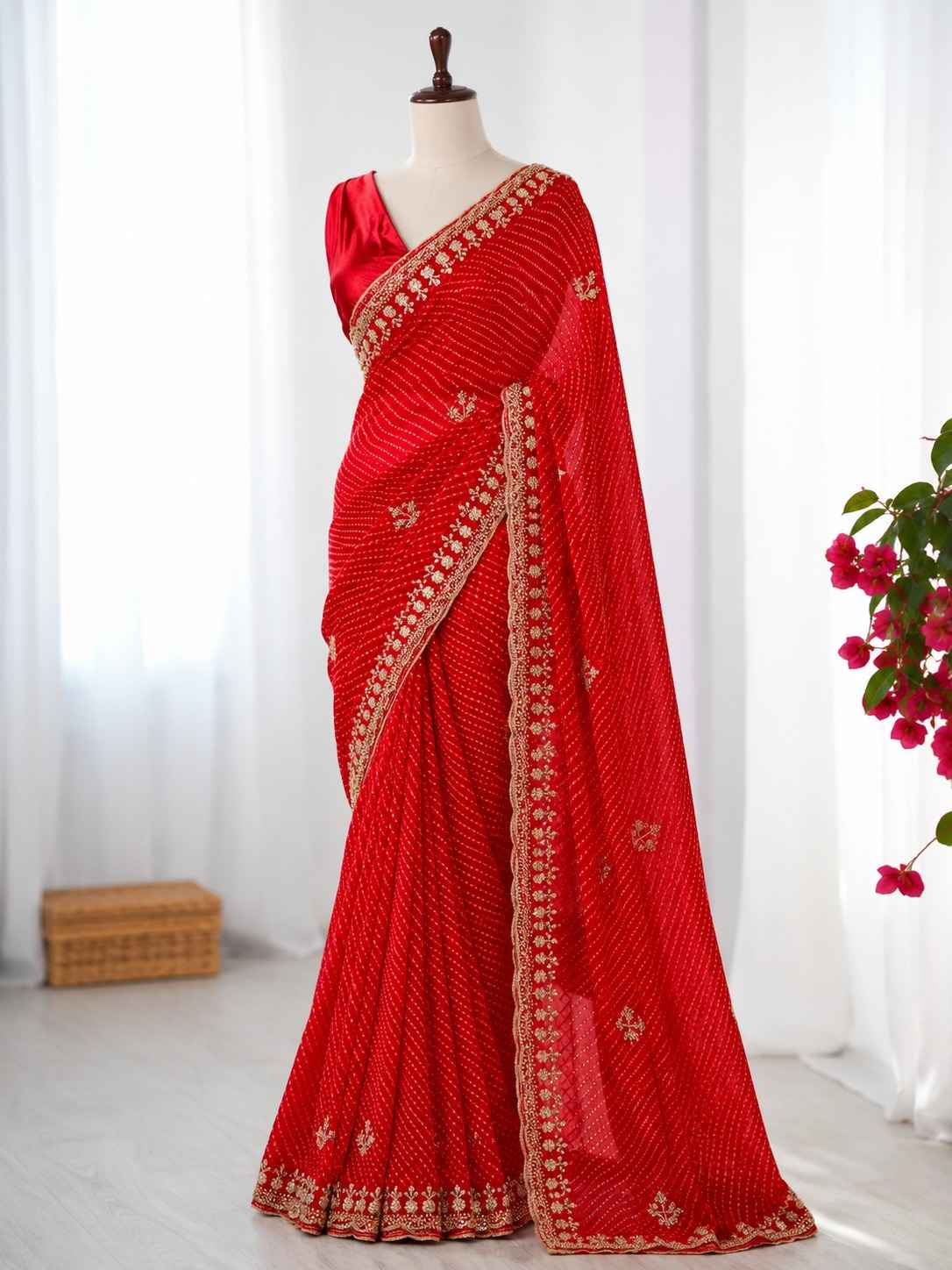 GEORGETTE BANDHNI PRINT BEADS PEARL WORK SAREE