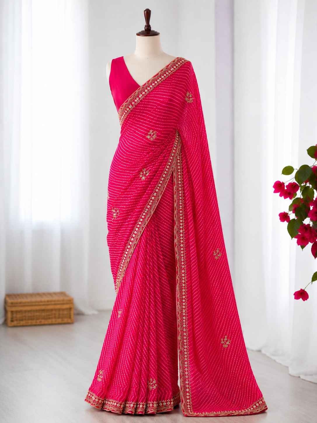 GEORGETTE BANDHNI PRINT BEADS PEARL WORK SAREE