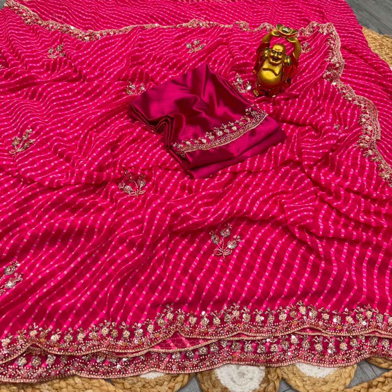 GEORGETTE BANDHNI PRINT BEADS PEARL WORK SAREE