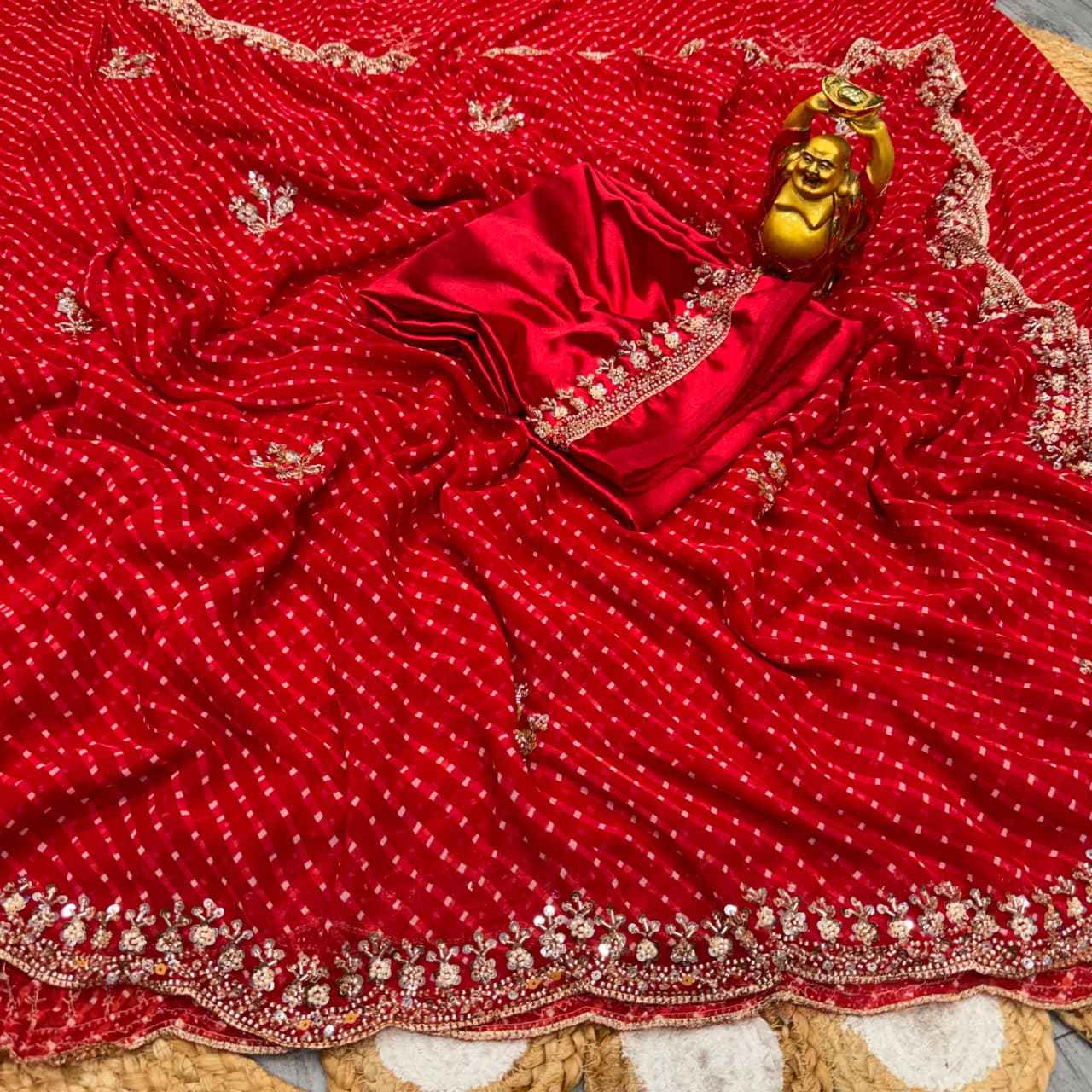 GEORGETTE BANDHNI PRINT BEADS PEARL WORK SAREE
