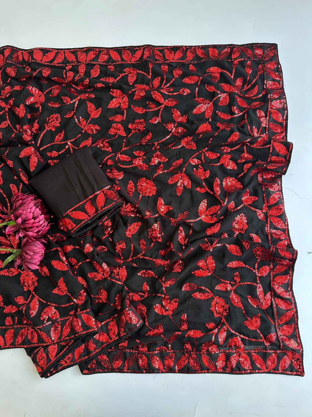 FAUX GEORGETTE ZAAL FLOWER SEQUENCE EMBROIDERY WORK SAREE