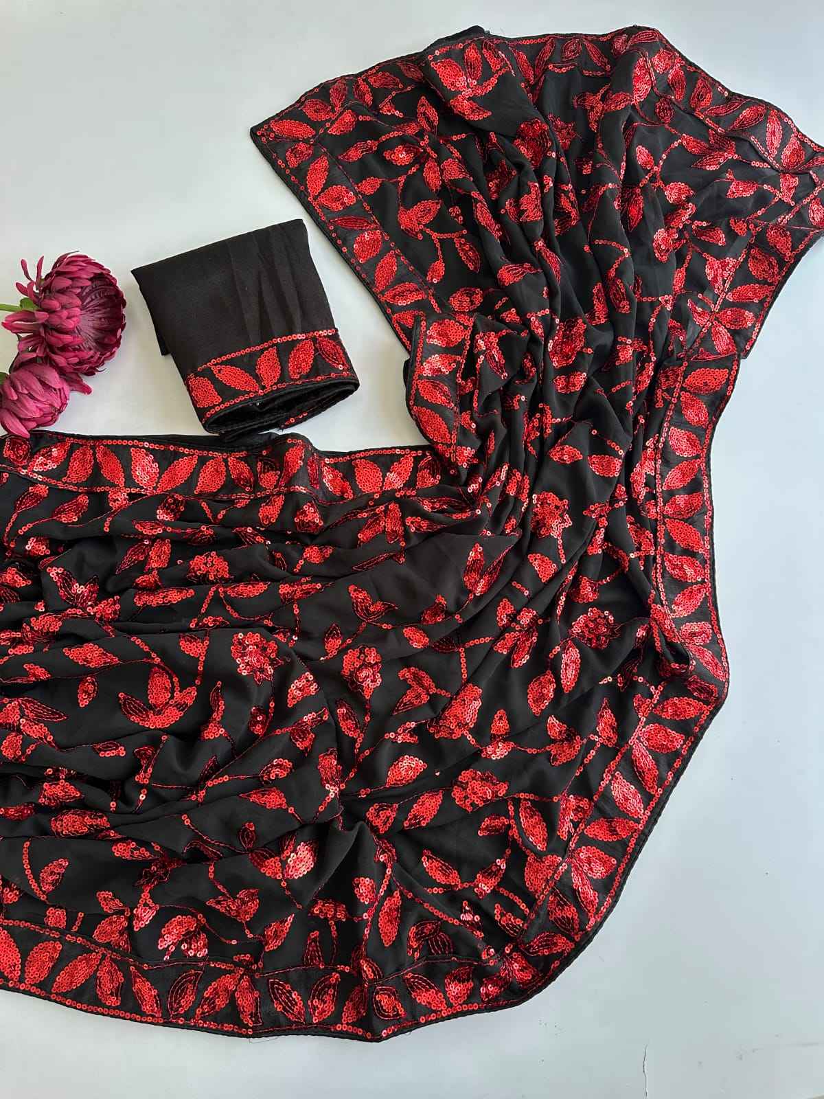 FAUX GEORGETTE ZAAL FLOWER SEQUENCE EMBROIDERY WORK SAREE