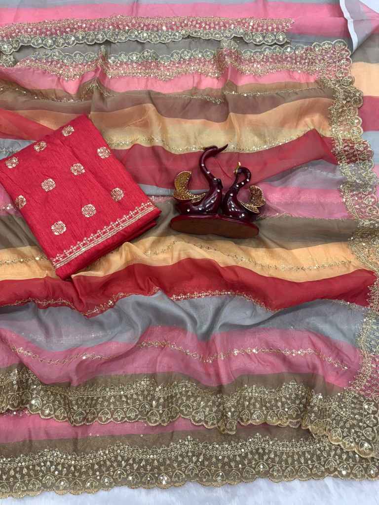 GOLDY SILK SEQUINS AND ZARI EMBROIDERY WORK SAREE