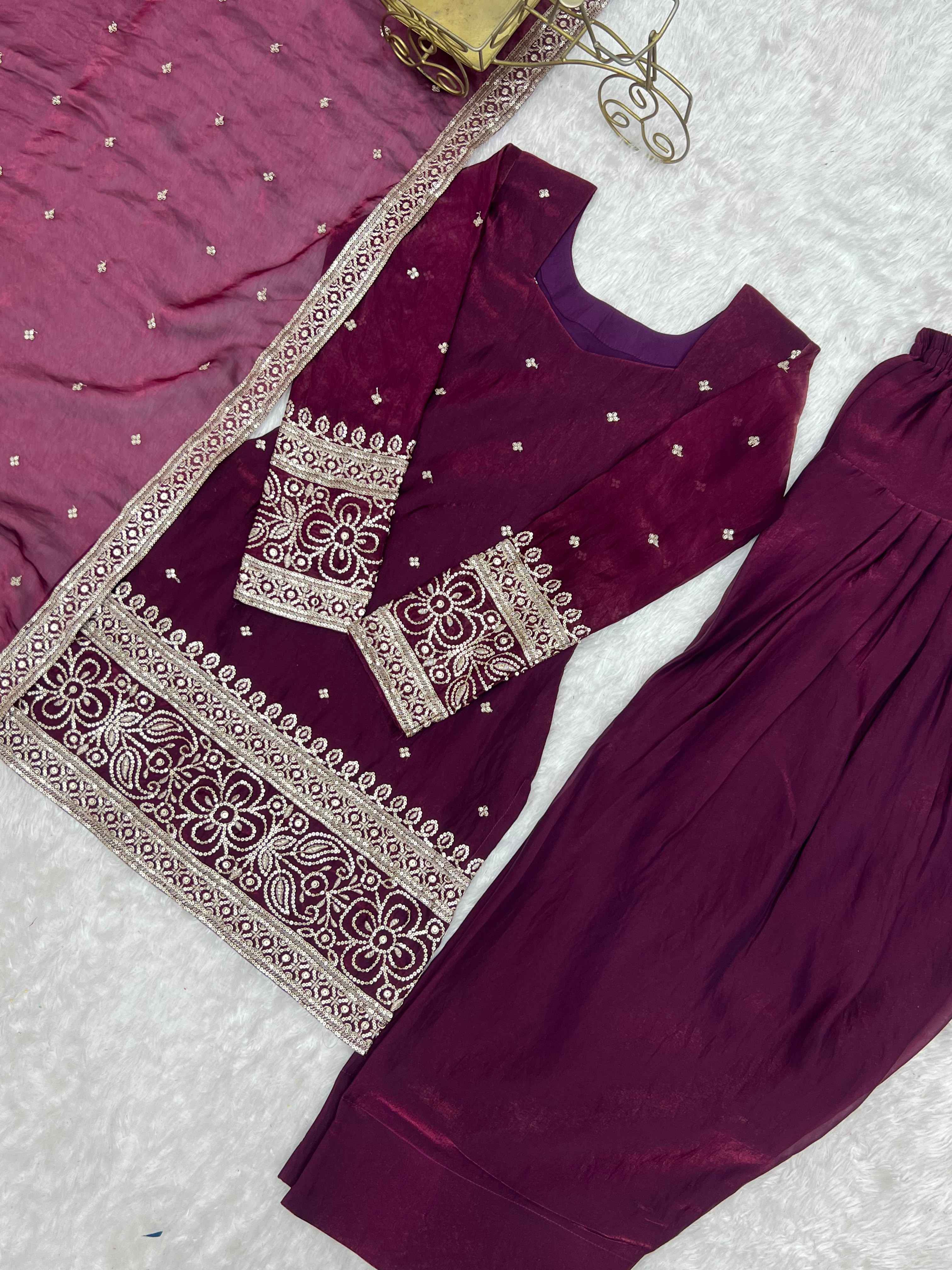 HEAVY FENDY SILK EMBROIDERY WORK FARSHI SHALWAR SUIT
