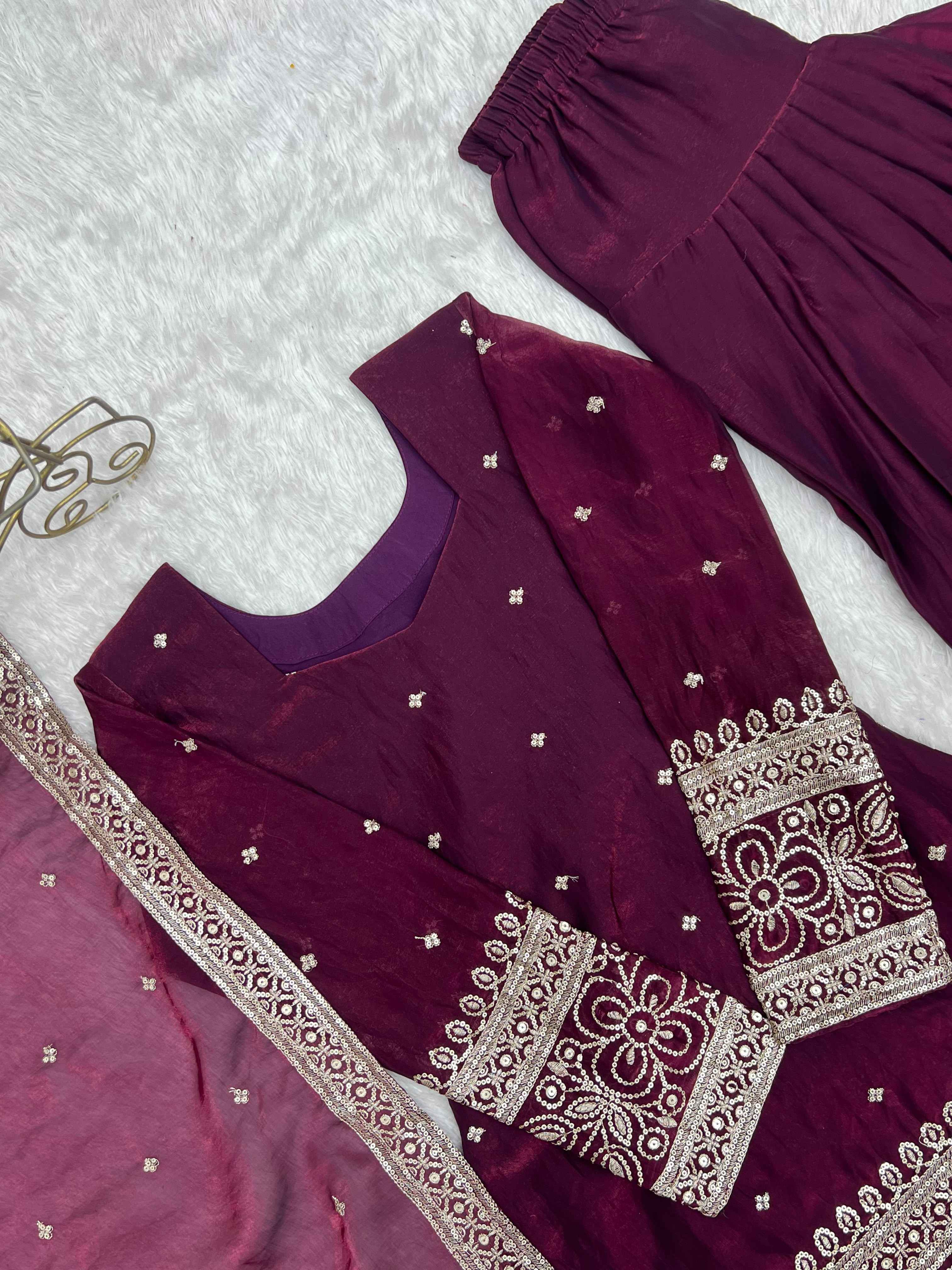 HEAVY FENDY SILK EMBROIDERY WORK FARSHI SHALWAR SUIT