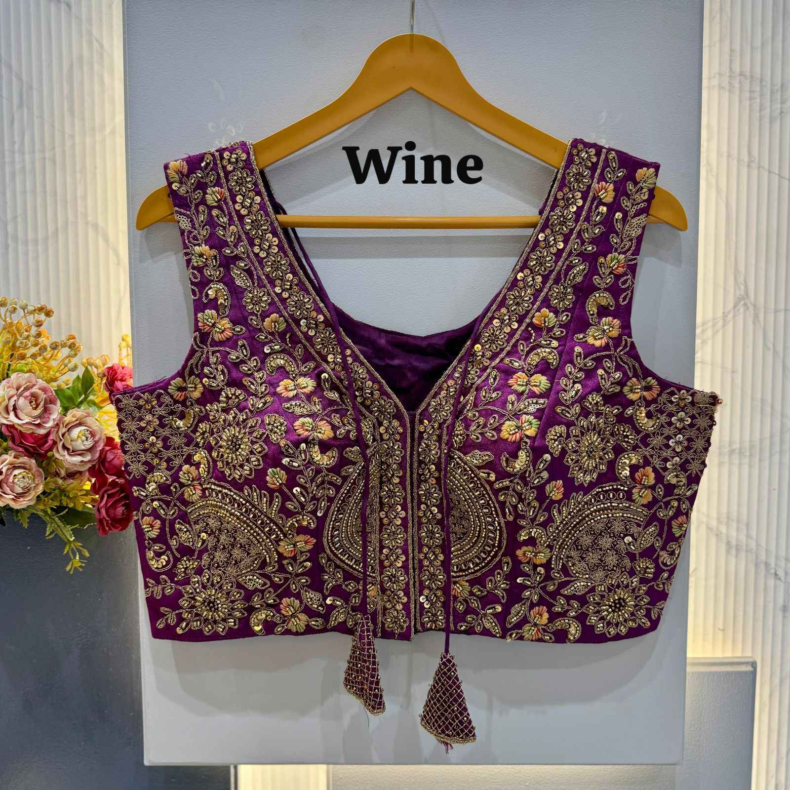 HEVAY SOFT ITALIAN SILK BEADS WORK V-NECK BLOUSE 