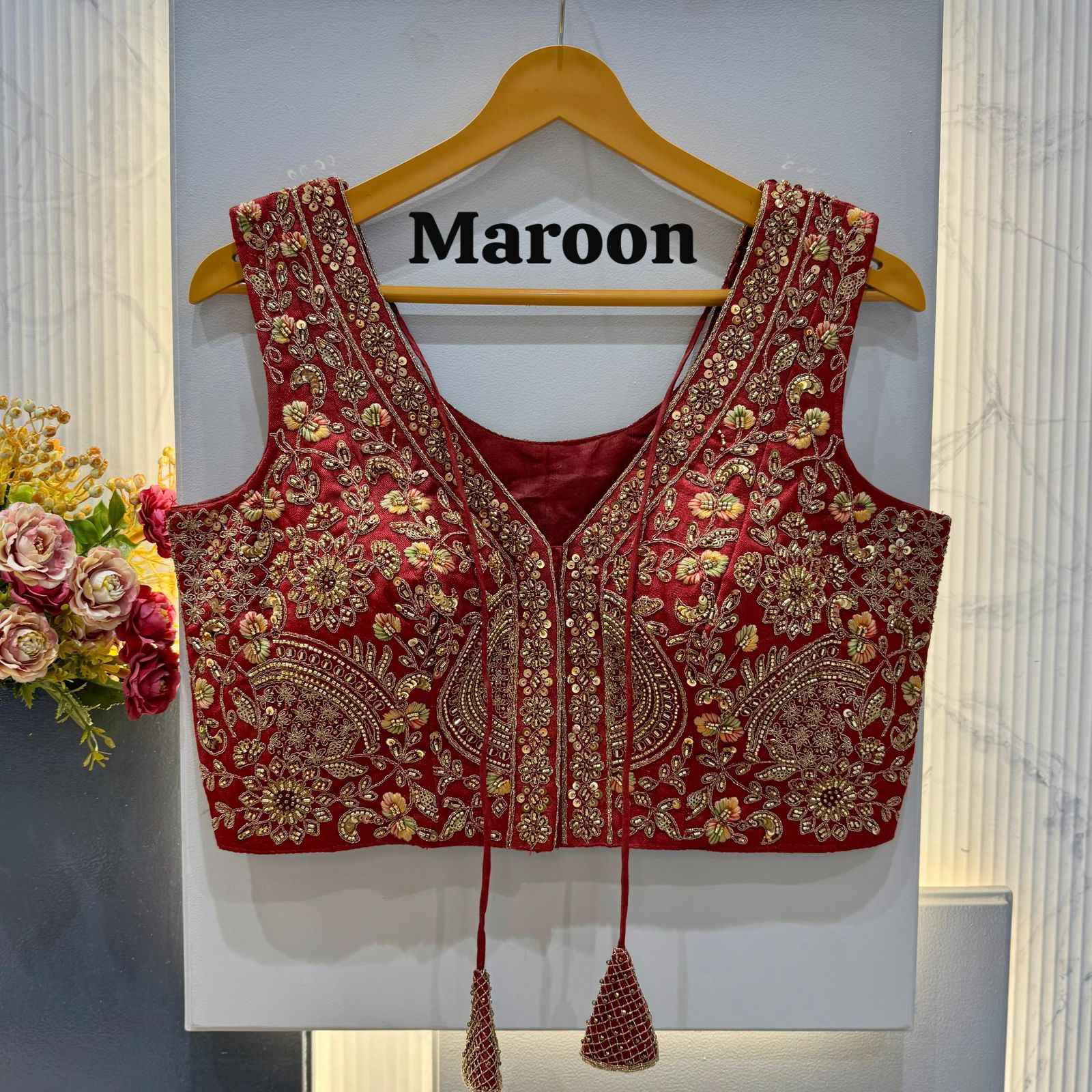 HEVAY SOFT ITALIAN SILK BEADS WORK V-NECK BLOUSE 