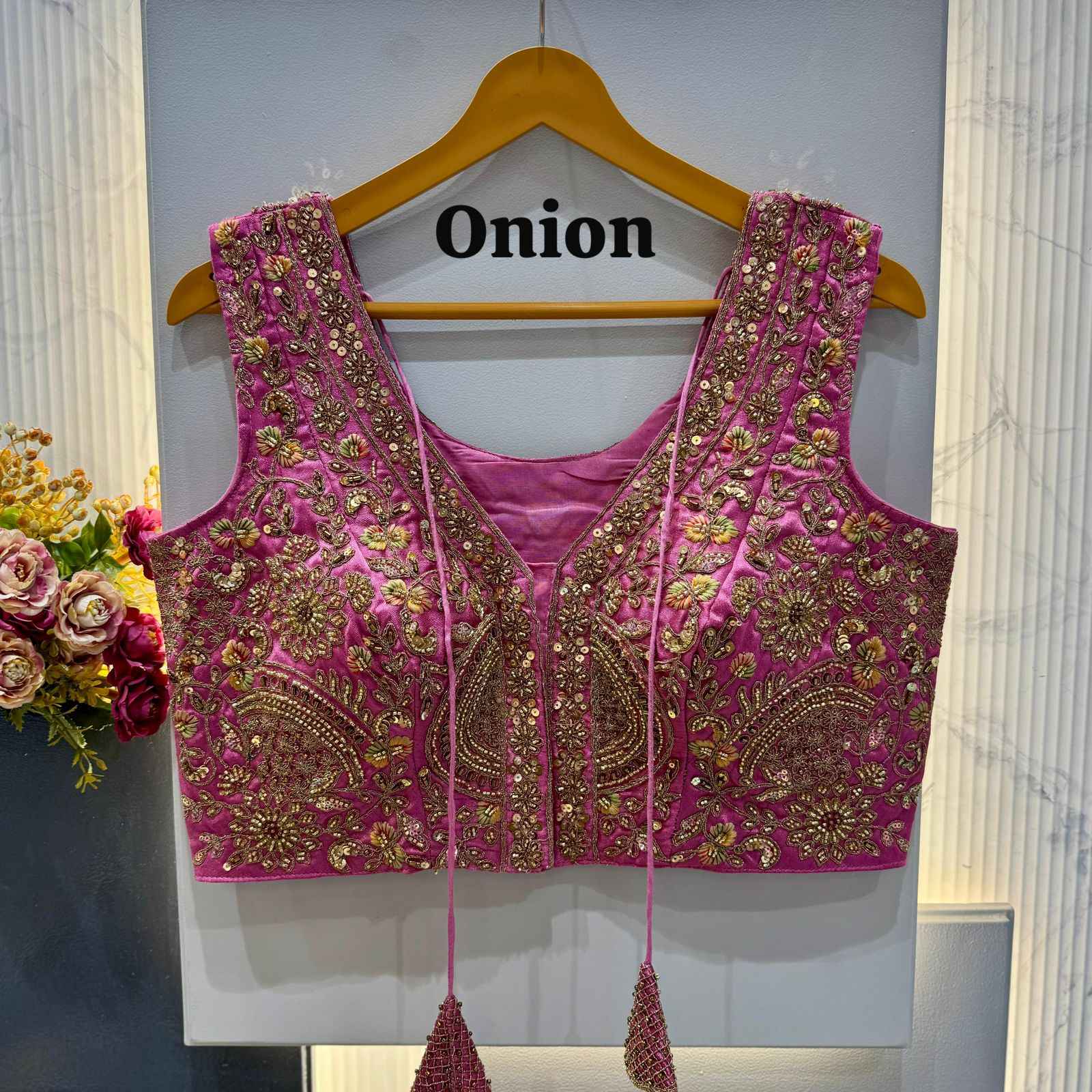 HEVAY SOFT ITALIAN SILK BEADS WORK V-NECK BLOUSE 