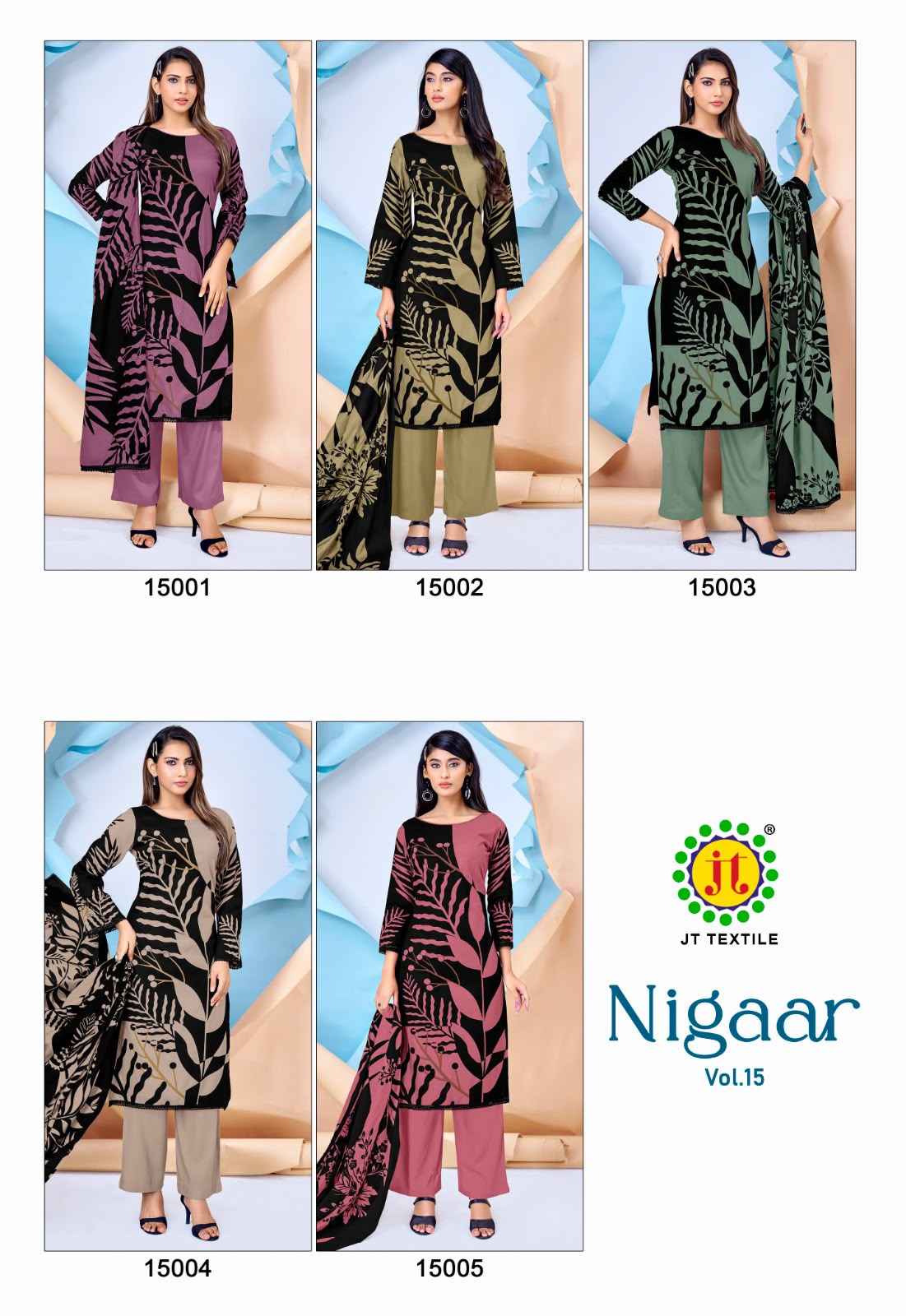 JT NIGAAR VOL-15 RAYON FABRIC WITH GOLD PRINT DRESS MATERIAL