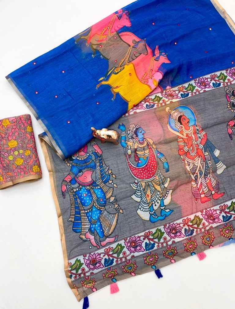 LINEN COTTON KALMAKRI PRINTED AARI MIRROR WORK SAREE