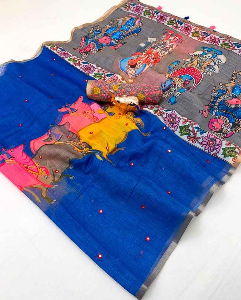 LINEN COTTON KALMAKRI PRINTED AARI MIRROR WORK SAREE