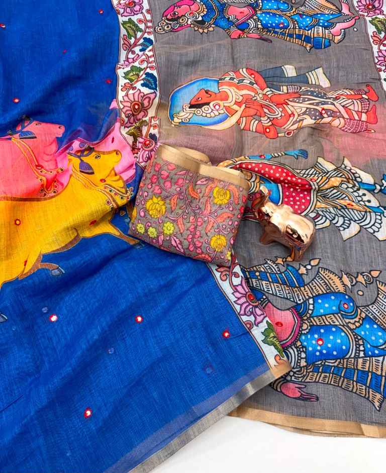 LINEN COTTON KALMAKRI PRINTED AARI MIRROR WORK SAREE