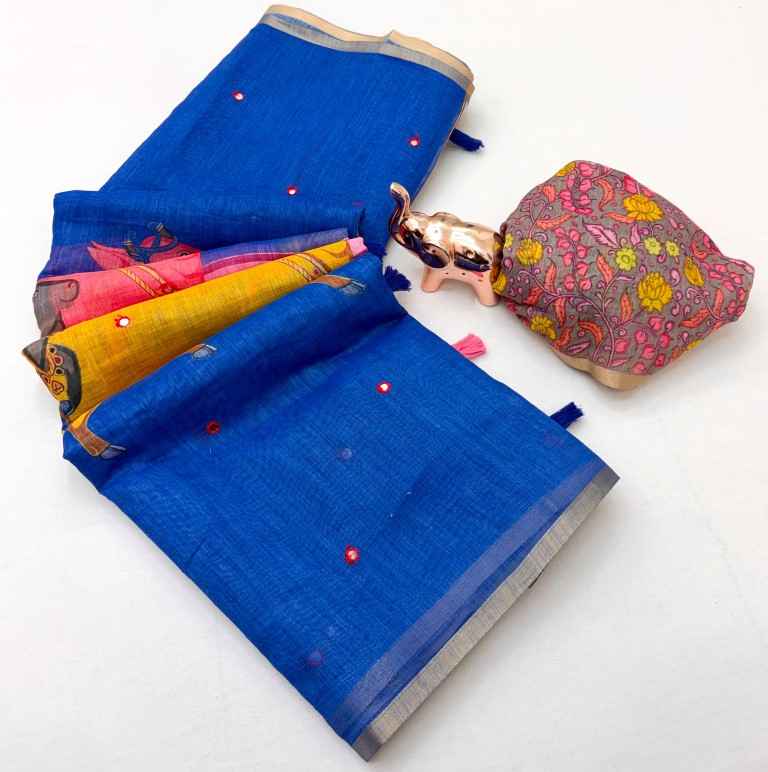 LINEN COTTON KALMAKRI PRINTED AARI MIRROR WORK SAREE