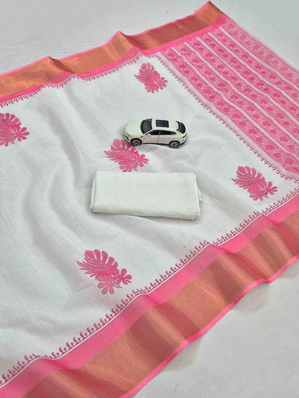 LINEN DIGITAL PRINTED GOLD JARI BORDER SAREE CODE MG678