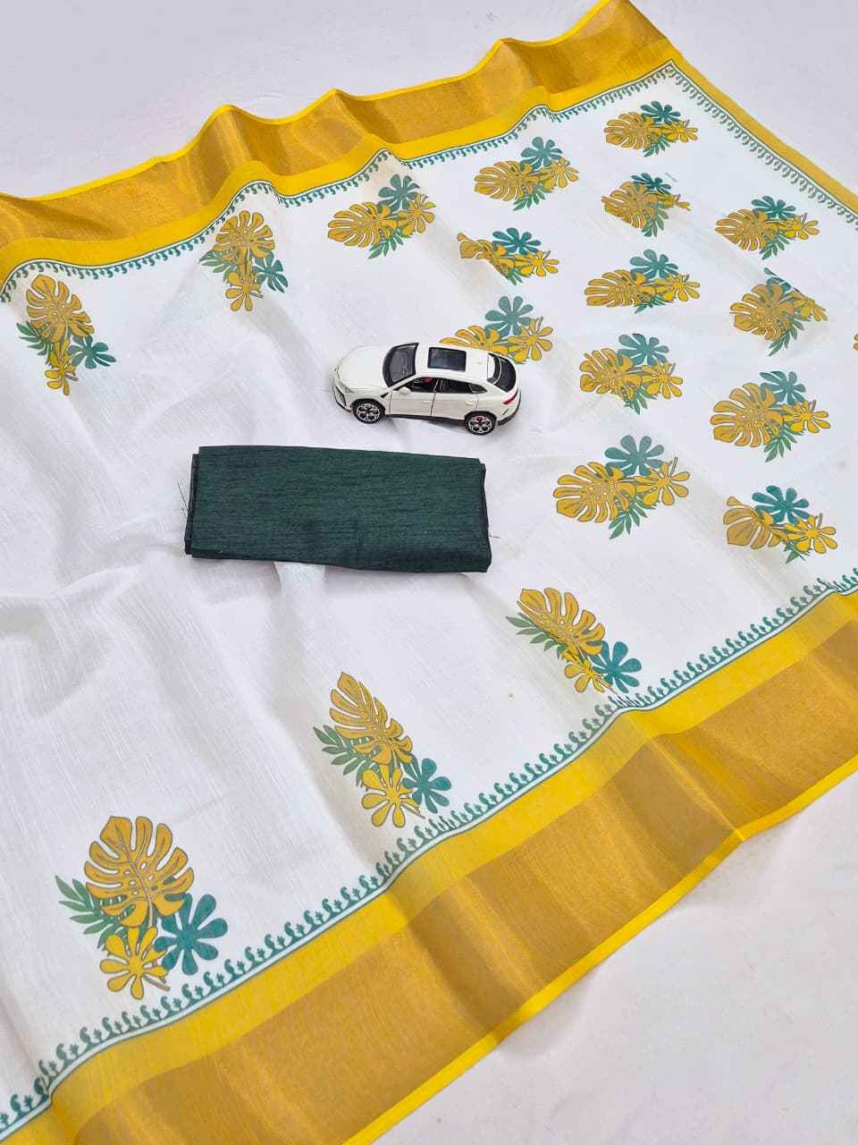 LINEN DIGITAL PRINTED GOLD JARI BORDER SAREE CODE MG678