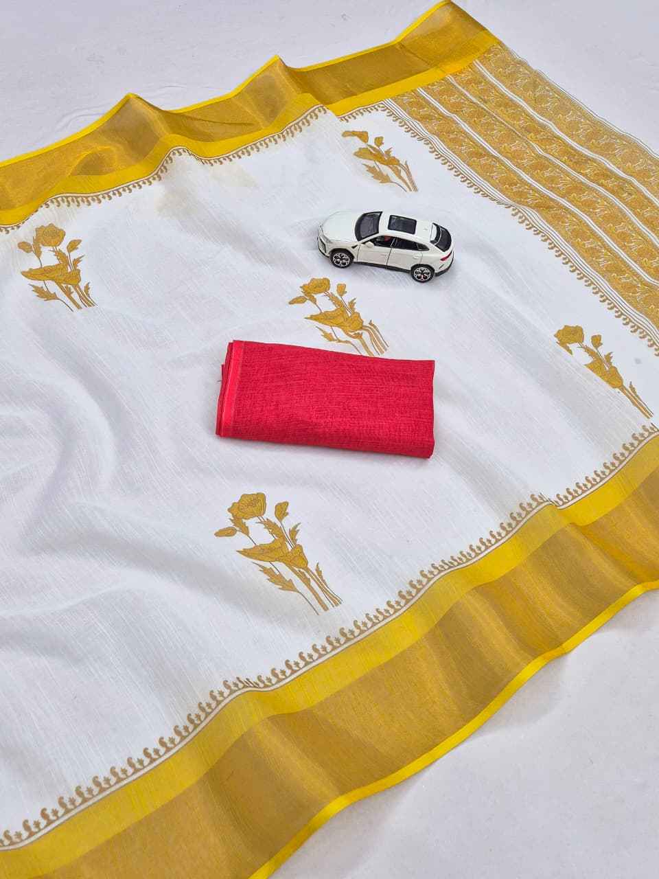 LINEN DIGITAL PRINTED GOLD JARI BORDER SAREE CODE MG678