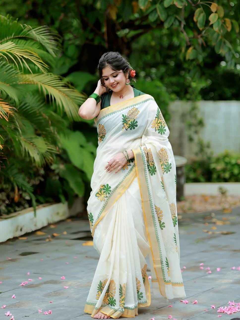 LINEN DIGITAL PRINTED GOLD JARI BORDER SAREE CODE MG678