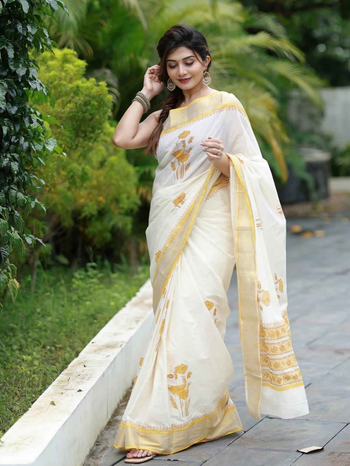LINEN DIGITAL PRINTED GOLD JARI BORDER SAREE CODE MG678