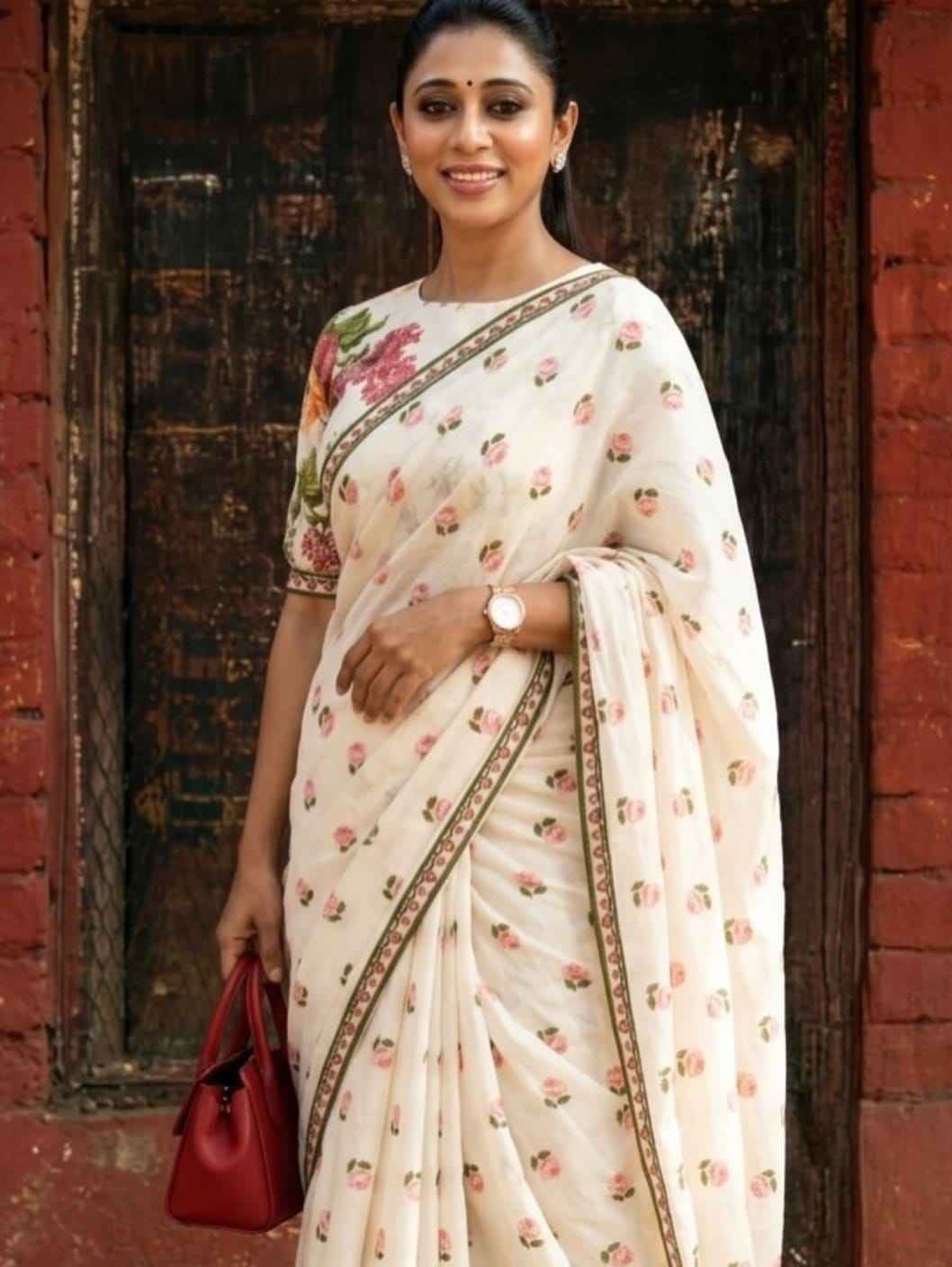 PLAIN LINEN DIGITAL PRINTED SAREE CODE MG674